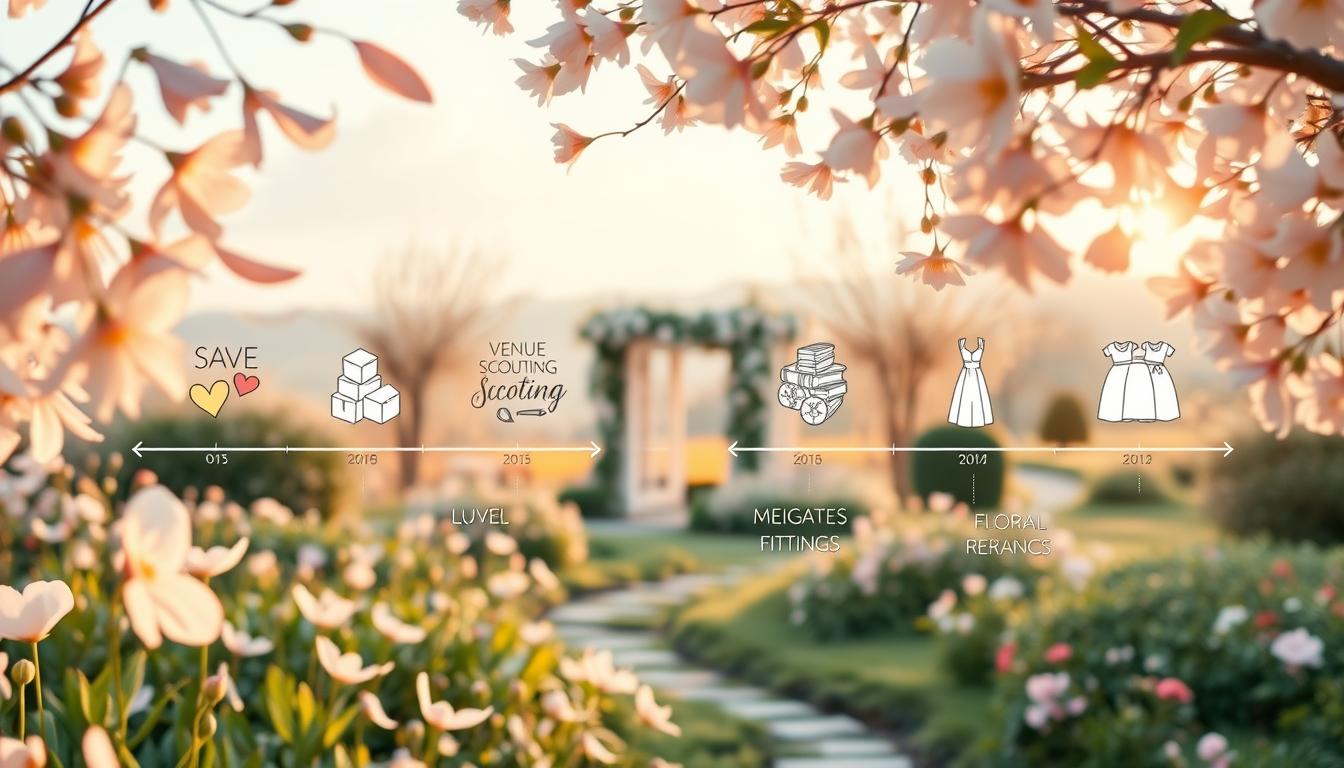 A serene spring garden in soft pastels, with a timeline of wedding preparations unfurling through the scene. In the foreground, delicate flower petals flutter in a gentle breeze, framing a series of illustrated vignettes - save the dates, venue scouting, dress fittings, and floral arrangements. The middle ground features a picturesque gazebo draped in fragrant vines, while the background showcases a lush, blooming landscape with a hint of a winding path. Warm, golden lighting casts a romantic glow, and the composition is balanced with a harmonious color palette of pinks, greens, and soft blues. The overall mood is one of tranquility and joyful anticipation, reflecting the ideal timeline for a spring wedding.