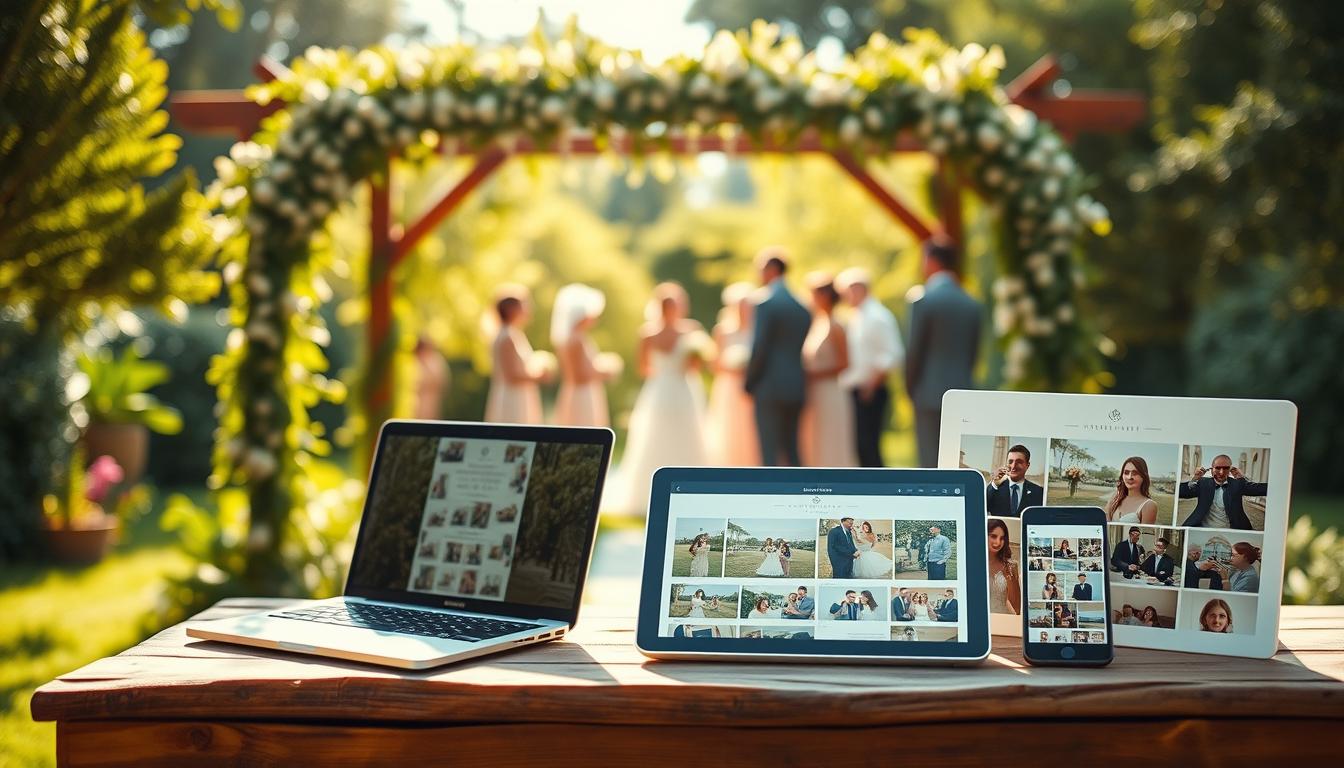 A serene, sun-dappled garden setting with a wooden wedding arch draped in lush greenery and delicate flowers. In the foreground, a collection of sleek, modern digital devices - a laptop, tablet, and smartphone - arranged artfully on a rustic wooden table, showcasing various wedding website templates and photo album layouts. The middle ground features a dreamy, blurred background of guests mingling and taking photographs, capturing the joy and celebration of the occasion. Warm, soft lighting filters through the scene, creating a cozy, intimate atmosphere. The overall composition conveys a sense of effortless elegance and the seamless integration of technology into the timeless traditions of a wedding.