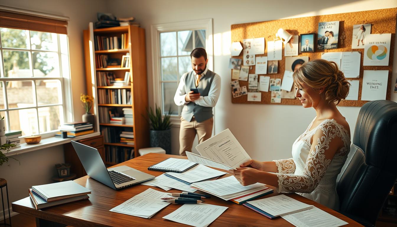 A serene, sun-dappled wedding planning session in a cozy home office. In the foreground, a bride-to-be sits at a wooden desk, carefully reviewing checklists and vendor contracts, surrounded by scattered notes and a laptop. In the middle ground, her fiancé stands by the window, gazing outside pensively, phone in hand. The background showcases a bookshelf filled with wedding planning guides and a corkboard adorned with Save the Date cards, swatches, and inspirational images. The scene is bathed in warm, natural lighting, conveying a sense of tranquility and focus as the couple navigates the intricate process of wedding preparation.