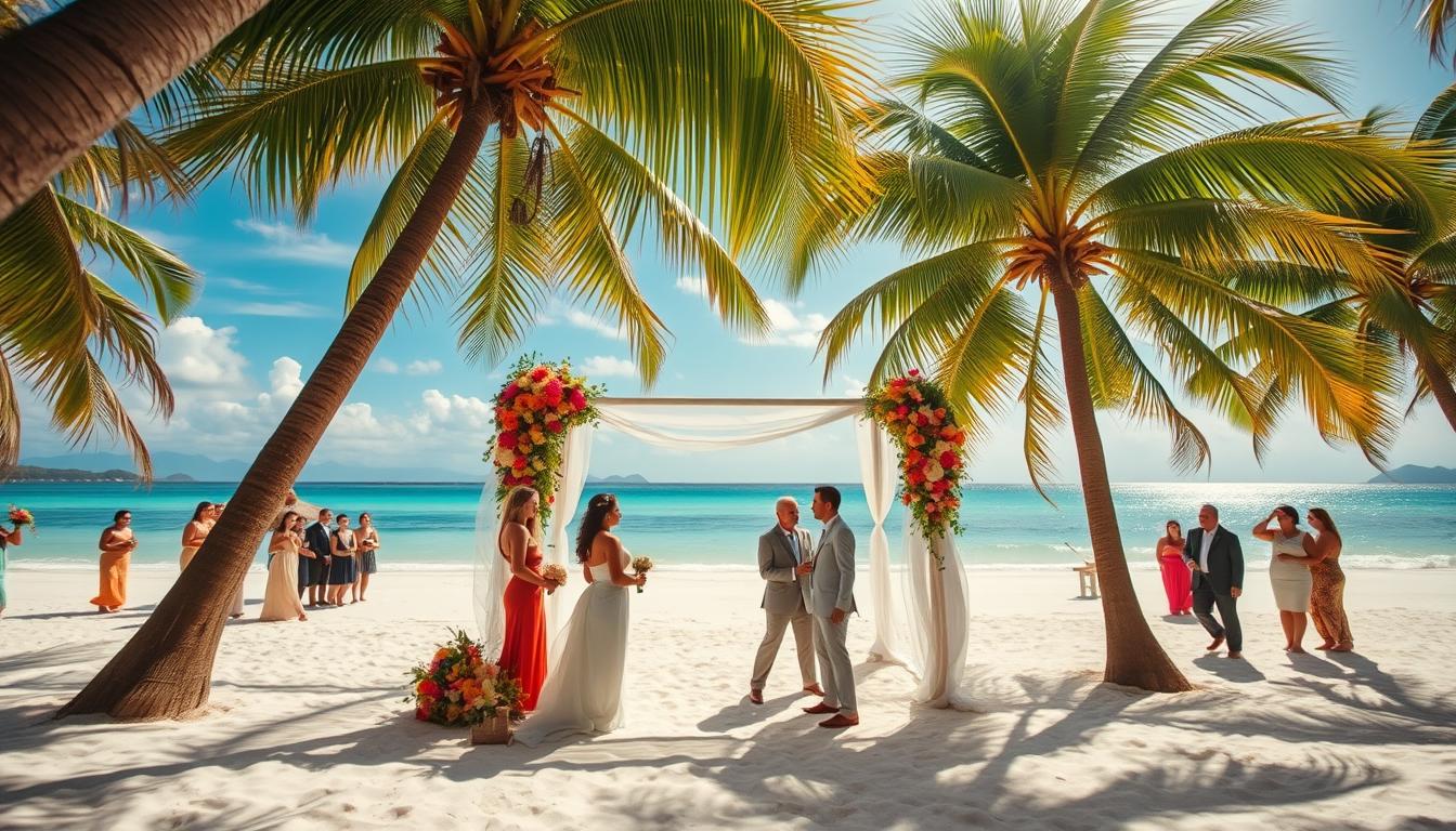 A serene tropical beach with swaying palm trees, soft white sand, and crystal-clear turquoise waters. In the foreground, a well-designed wedding arch adorned with lush, colorful flowers. Couples and guests mingle, dressed in elegant attire, capturing the joyous atmosphere of a destination wedding. The sun casts a warm, golden glow, creating a dreamy, romantic ambiance. A professional photographer captures the moment with a wide-angle lens, framing the scene to showcase the stunning natural setting and the wedding party's celebration. The overall mood is one of pure bliss and tranquility, perfectly capturing the essence of a destination wedding.
