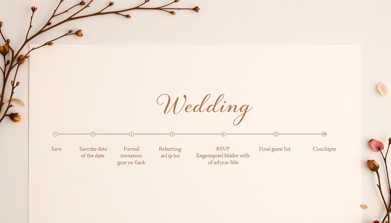 A soft, warm-toned wedding invitation timeline, laid out on a textured, ivory-colored paper against a backdrop of delicate floral elements. The foreground features a timeline of key wedding invitation milestones, such as save-the-date, formal invitation, RSVP, and final guest list, each represented by a carefully crafted icon. The middle ground showcases an elegant calligraphic script, providing a sense of timeless sophistication. In the background, a subtle pattern of twigs, leaves, and petals creates a natural, organic ambiance, complementing the overall romantic and timeless aesthetic.