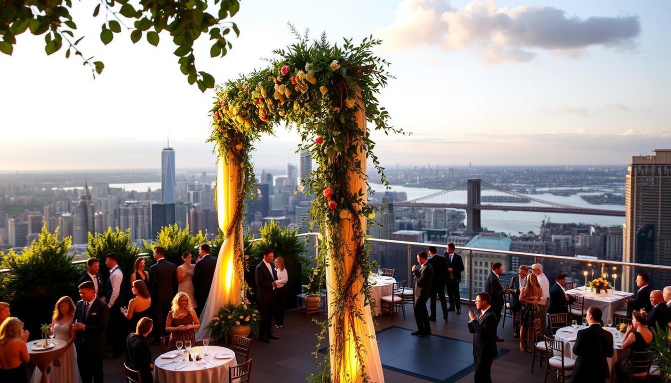 A sophisticated rooftop wedding venue in New York City, overlooking the iconic skyline. The scene is bathed in warm golden light, casting a romantic glow over the lush greenery and elegant decor. In the foreground, a beautifully decorated wedding arch stands tall, framing the stunning panoramic view of the city. Guests mingle on the expansive terrace, enjoying cocktails and taking in the breathtaking vistas. The middle ground features elegant table settings and a dance floor, hinting at the unforgettable celebrations to come. In the background, the silhouettes of skyscrapers and the Brooklyn Bridge create a dramatic cityscape backdrop, elevating the uniqueness of this rooftop oasis.