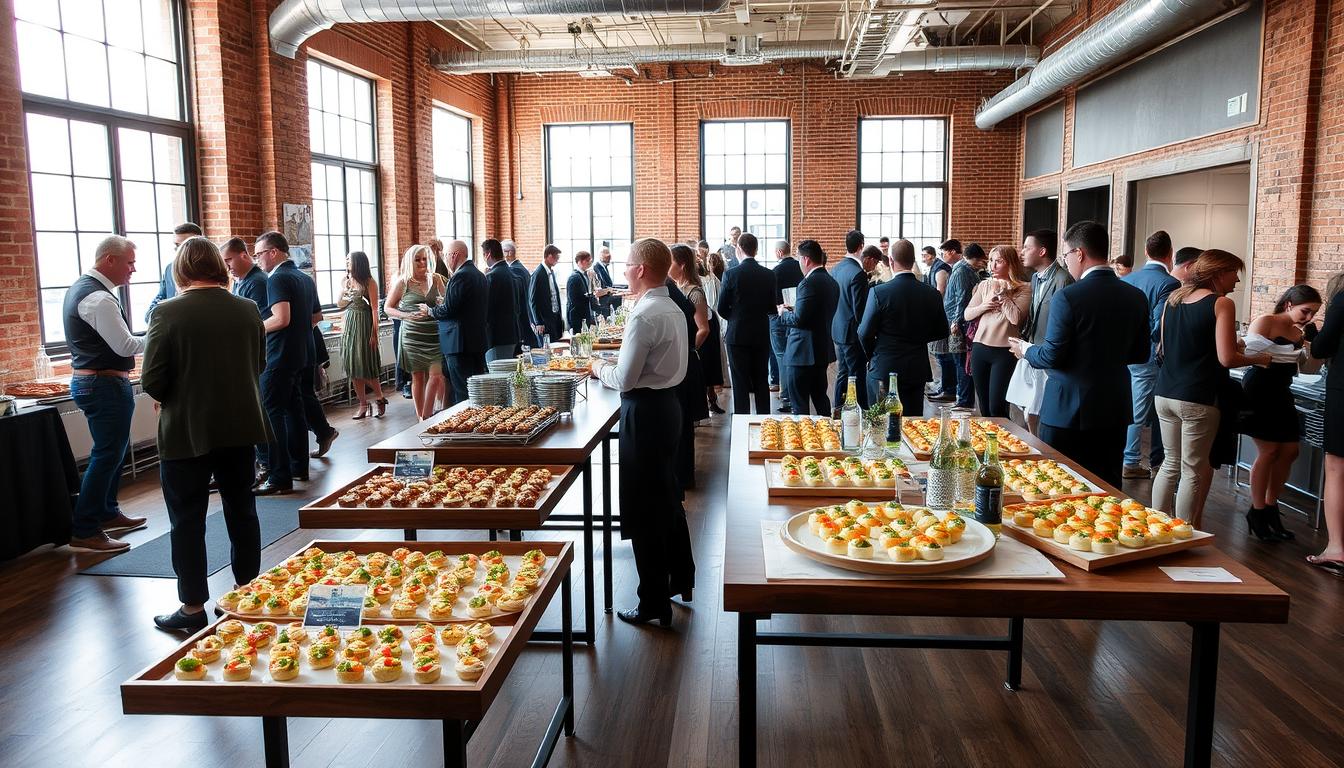 A stunning indoor event space in New York City, filled with natural light streaming through large windows. The catering staff bustles about, arranging elegant platters of gourmet hors d'oeuvres and beverages on sleek wooden tables. Guests mingle in the airy, sophisticated atmosphere, admiring the venue's high ceilings, exposed brick walls, and modern industrial accents. The space exudes an upscale, yet relaxed vibe, perfect for a memorable event with customized catering options.