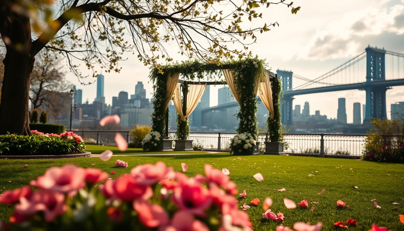 A stunning, picturesque outdoor wedding scene in New York City's lush spring gardens. In the foreground, a beautifully manicured lawn with vibrant flowers in bloom, petals drifting gently in the soft breeze. In the middle ground, a charming gazebo or pergola, adorned with cascading vines and twinkling lights, creating a magical, romantic atmosphere. In the background, the iconic skyline of Manhattan, with its towering skyscrapers and bridges, providing a stunning urban backdrop. The lighting is soft and warm, creating a dreamlike, ethereal quality, captured through a wide-angle lens to showcase the grandeur of the scene. An enchanting, one-of-a-kind setting for a truly memorable outdoor wedding in the heart of the city.