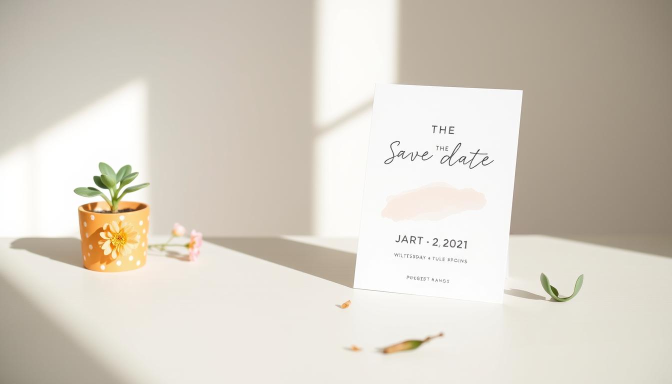 A stylish, minimalist save the date card set in an airy, sun-lit studio. The cards feature a clean, contemporary design with subtle, pastel-toned patterns or geometric shapes. Placed on a pale wooden table, the cards are accompanied by simple, budget-friendly decor elements like a small potted plant, a single stem flower, and a few scattered leaves. The lighting is soft and diffused, creating a warm, inviting atmosphere. The overall look is modern, elegant, and visually appealing, showcasing budget-friendly save the date options that would fit seamlessly into a variety of wedding styles.