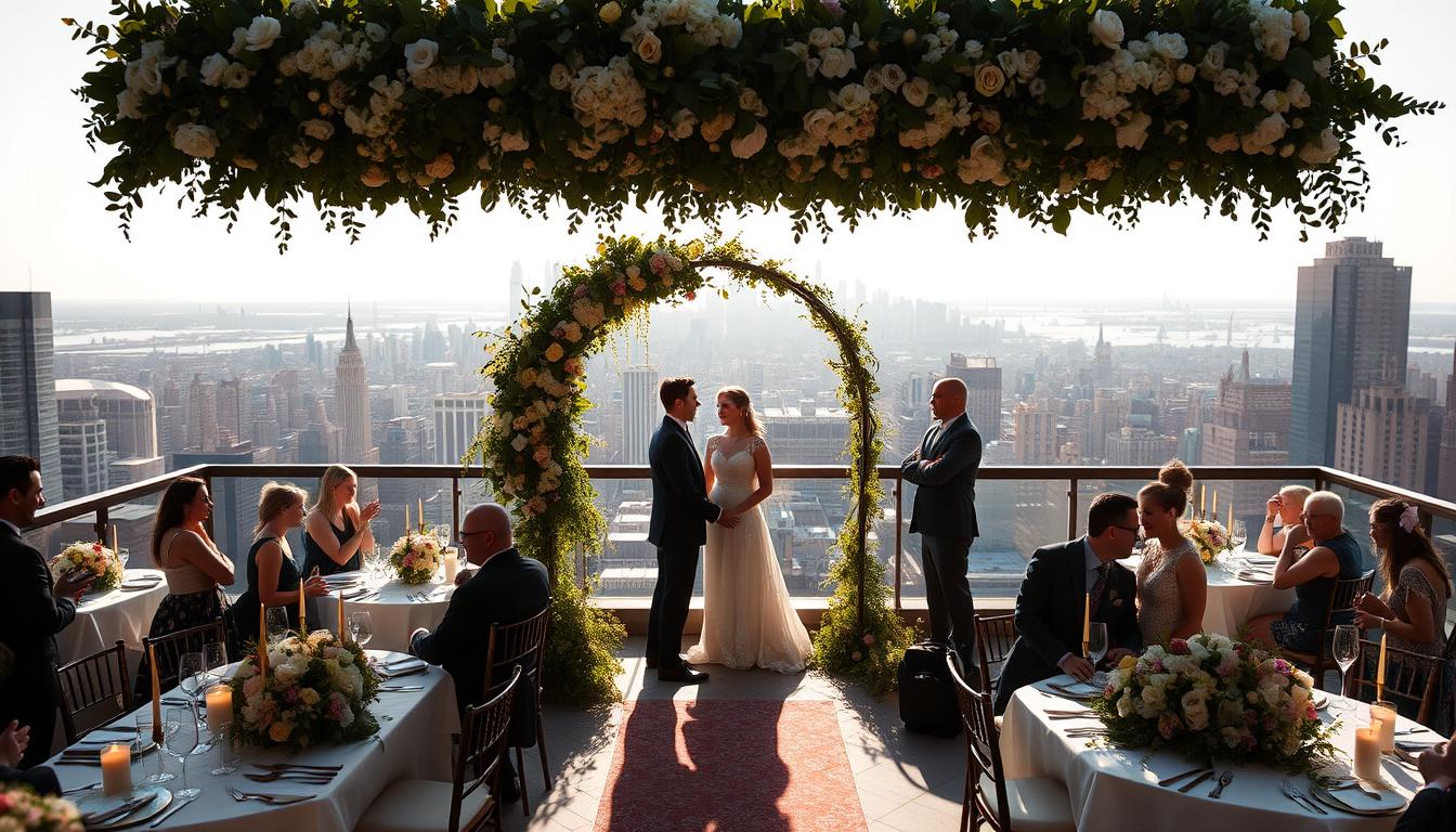 A sun-drenched rooftop in New York City, overlooking a panorama of skyscrapers and bustling streets. In the foreground, a couple exchange vows under a lush, floral archway, their silhouettes bathed in soft, golden light. The middle ground features elegantly laid tables, adorned with centerpieces of cascading blooms and flickering candles, as guests mingle and celebrate. In the background, the city skyline stretches out, creating a breathtaking urban backdrop for this intimate, elevated affair. The scene is captured with a wide-angle lens, conveying a sense of scale and grandeur, while the warm, romantic lighting sets a mood of pure joy and enchantment.