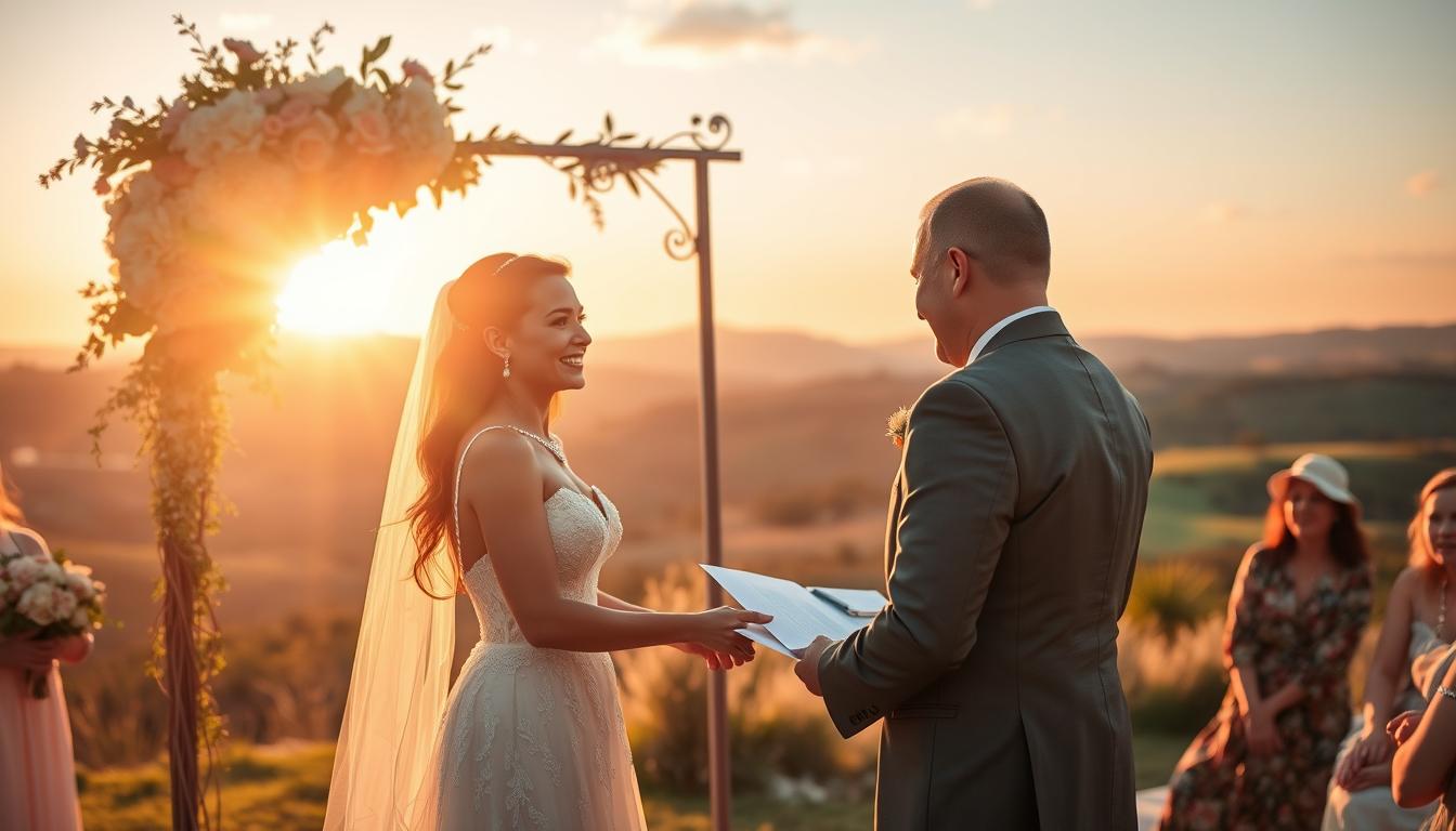 A sunlit outdoor scene depicting a wedding ceremony on a holiday weekend. In the foreground, an elegant couple exchange vows under a floral arch, their expressions filled with joy. In the middle ground, guests in festive attire witness the ceremony, capturing the celebratory atmosphere. The background showcases a picturesque landscape, with rolling hills and a vibrant sunset casting a warm glow over the scene. The lighting is soft and diffused, creating a dreamlike quality. The camera angle is slightly elevated, providing a panoramic view of the joyous event while highlighting the legal formalities taking place.