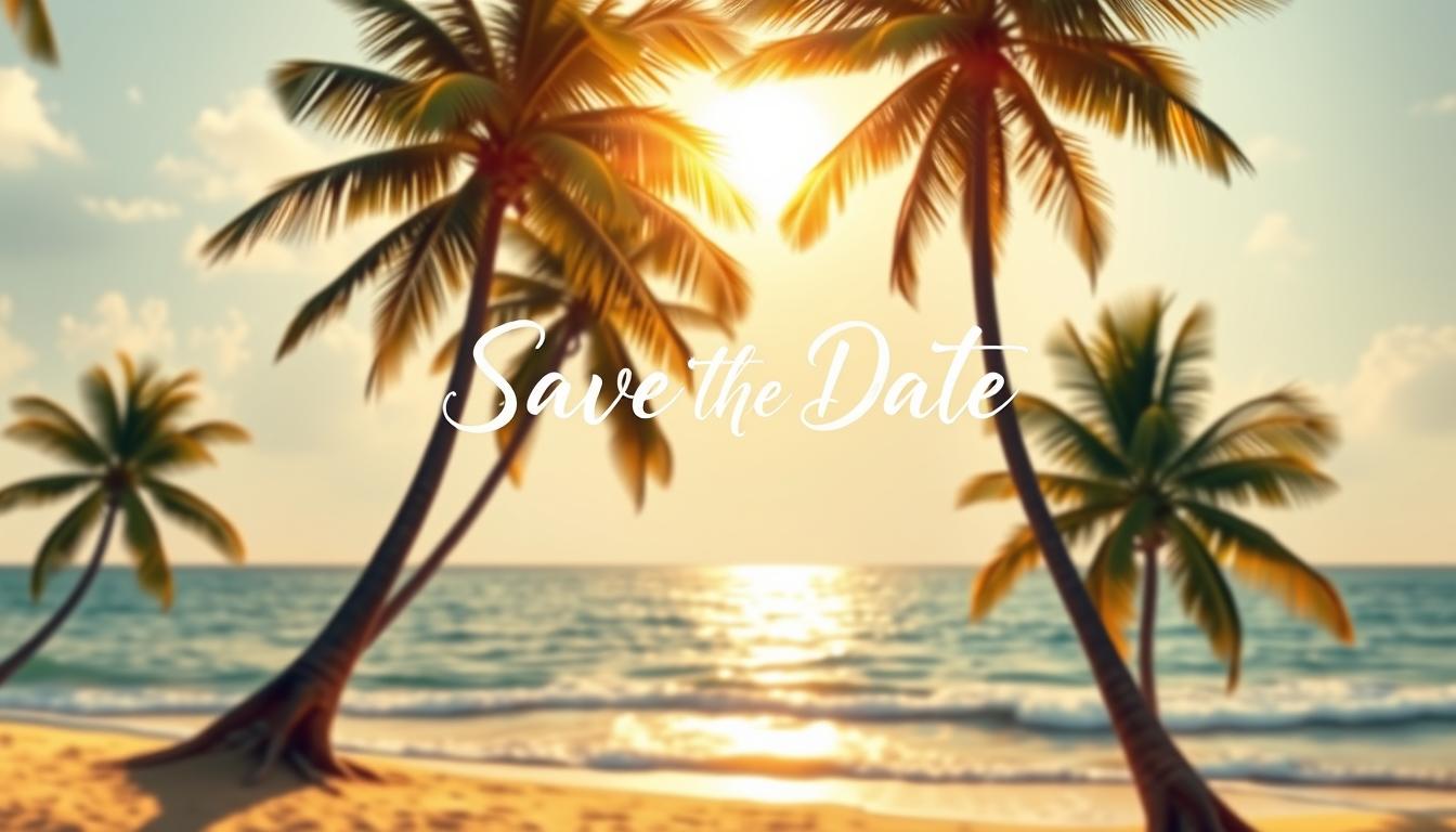A vibrant and artfully curated destination wedding save the date design. In the foreground, a meticulously detailed illustration of a tropical beach scene, with lush palm trees swaying in the breeze and the sun's golden rays dancing across the gently lapping waves. In the middle ground, an elegant handwritten calligraphy script invites guests to "Save the Date" for an intimate celebration, its delicate strokes complemented by a subtle watercolor wash. The background features a soft, dreamy gradient that evokes the serene and enchanting atmosphere of a far-flung locale. Warm, romantic lighting casts a magical glow over the entire composition, creating a sense of timeless sophistication and cultural immersion.