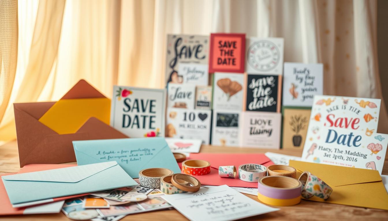 A vibrant and whimsical scene showcasing creative "save the date" ideas. In the foreground, an assortment of playful stationery elements - colorful envelopes, decorative stamps, washi tape, and handwritten notes. The middle ground features a collage of unique save the date card designs, incorporating bold typography, illustrated motifs, and imaginative layouts. The background is a soft, light-filled studio setting, with airy curtains and natural textures lending an elegant, artisanal atmosphere. Warm, inviting lighting casts a gentle glow, emphasizing the tactile, handcrafted quality of the items. The overall composition conveys a sense of inspiration, creativity, and the excitement of planning a memorable wedding celebration.