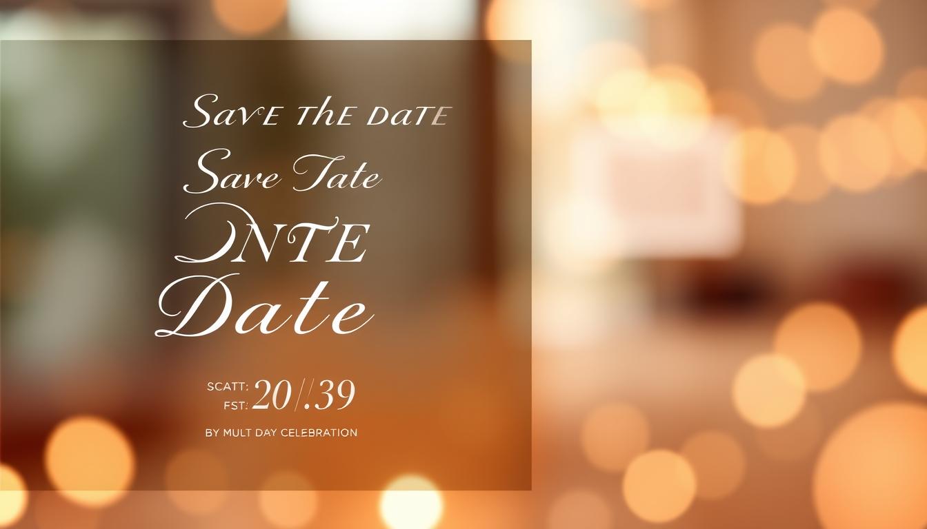 A vibrant digital save the date design for a multi-day celebration. The foreground features elegant typography with the event details, beautifully animated with subtle motion effects. The middle ground showcases a sleek and minimalist calendar visualization, highlighting the event dates. The background layers include a soft, out-of-focus bokeh effect, creating a sense of depth and sophistication. The overall aesthetic is modern, clean, and visually engaging, drawing the viewer's attention to the key information. Lighting is natural and diffused, with a warm color palette that evokes a welcoming and celebratory atmosphere. The composition is balanced and visually striking, capturing the essence of a tech-savvy, yet elegant multi-day event.