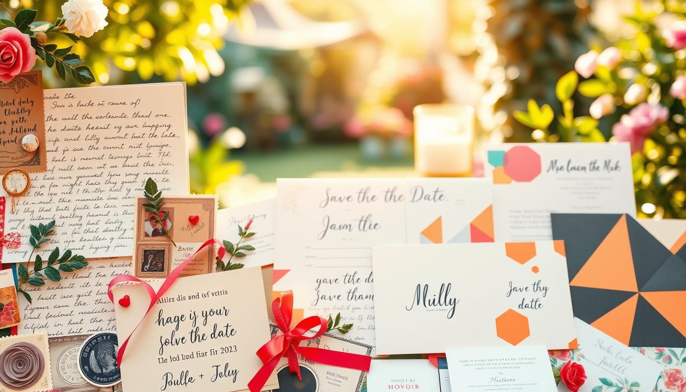 A vibrant, visually striking collage showcasing a variety of "save the date" ideas for a wedding. In the foreground, an eclectic arrangement of handwritten notes, vintage stamps, botanical embellishments, and playful ribbons. In the middle ground, a mix of modern stationery designs, from minimalist calligraphy to colorful geometric patterns. In the background, a softly blurred, sun-dappled garden setting, hinting at the joy and romance of the occasion. Warm, natural lighting casts a golden glow, and the overall composition exudes a sense of creativity, elegance, and anticipation.