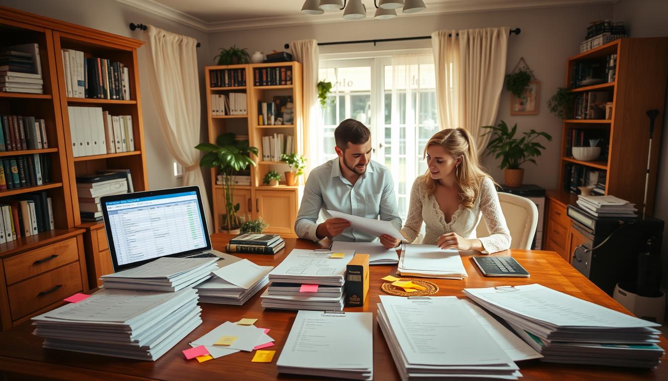 A warm, sunlit home office with a large wooden desk. On the desk, stacks of wedding guest lists, colorful post-it notes, and a laptop displaying a digital spreadsheet. In the foreground, a couple carefully reviewing the lists, discussing seating arrangements and personal notes about each guest. The middle ground features shelves filled with wedding planning books and binders, while the background showcases a cozy, inviting atmosphere with soft curtains and potted plants. The lighting is soft and natural, creating a sense of focused, yet relaxed productivity.