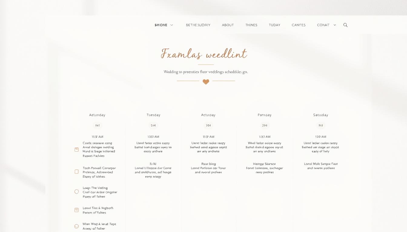 A wedding schedule example showcased on a modern, minimalist website. The foreground features a clean, elegant table layout with event details neatly organized by time and activity. The middle ground includes subtle icons and graphics that complement the overall design. The background has a soft, neutral color palette with a hint of texture, creating a serene and sophisticated atmosphere. The lighting is natural and diffused, accentuating the simplicity and sophistication of the layout. The camera angle is slightly elevated, providing a clear and comprehensive view of the schedule. Overall, the image conveys a sense of order, elegance, and user-friendliness, perfectly suited for a wedding website.