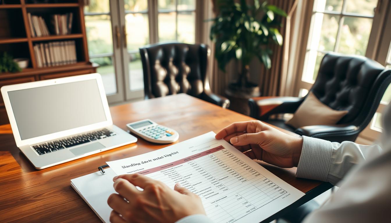A well-appointed home office, with a wooden desk, a comfortable leather chair, and a large window overlooking a lush garden. On the desk, a stack of wedding planning documents, a laptop, and a calculator. The lighting is soft and warm, creating a contemplative atmosphere. In the foreground, a couple's hands are visible, examining a spreadsheet detailing their save the date budget and considerations. The overall scene conveys a sense of thoughtful decision-making and careful financial planning for an important milestone.