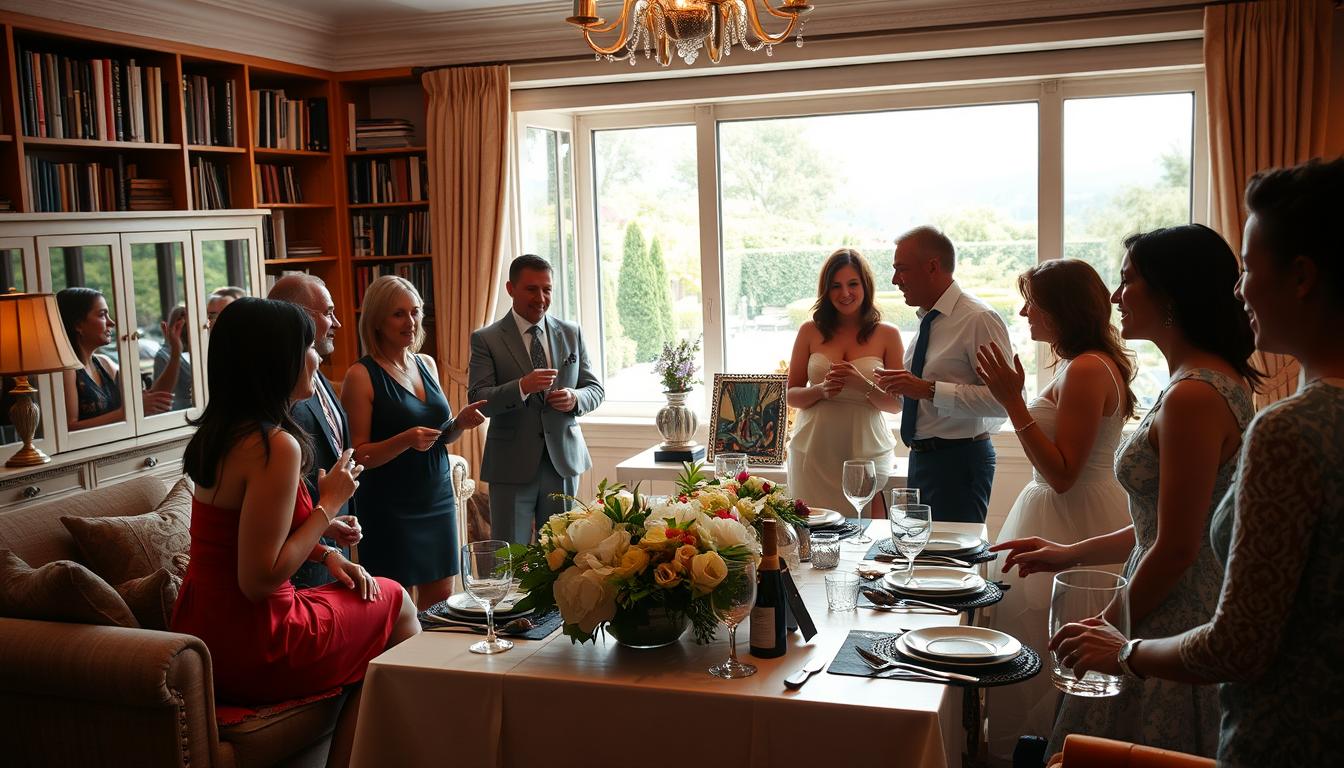 A well-appointed living room, bathed in warm, soft lighting. In the foreground, a group of stylishly dressed individuals engaged in lively conversation, gesticulating and smiling. The centerpiece is a beautifully decorated table, with fine china, crystal glassware, and a floral centerpiece. In the background, a bookshelf-lined wall and a large window overlooking a picturesque garden, creating a cozy, intimate atmosphere. The scene exudes an air of sophistication and celebration, capturing the essence of an engagement party where close friends and family gather to honor the happy couple.