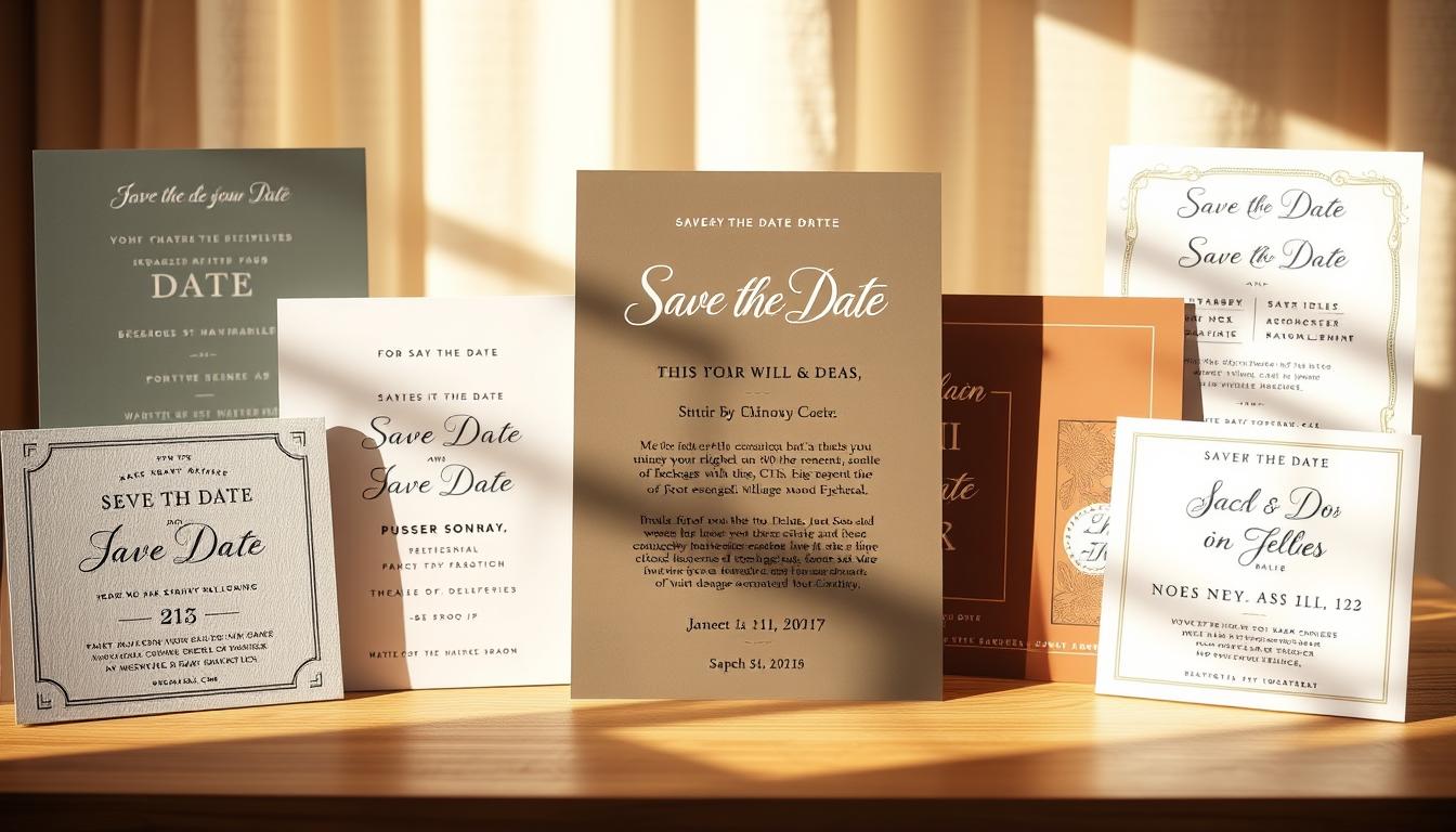 A well-designed collection of save the date wording templates and examples, showcased against a soft, blurred background. The templates are elegantly displayed, featuring a variety of modern typefaces, layouts, and design elements. The middle ground highlights a selection of sample wordings, capturing the essence of save the date messages with a balance of formality and warmth. Warm, natural lighting casts a subtle glow, creating a refined, inviting atmosphere. The composition is artfully arranged, drawing the viewer's eye to the essential details while maintaining a visually harmonious and aesthetically pleasing display.