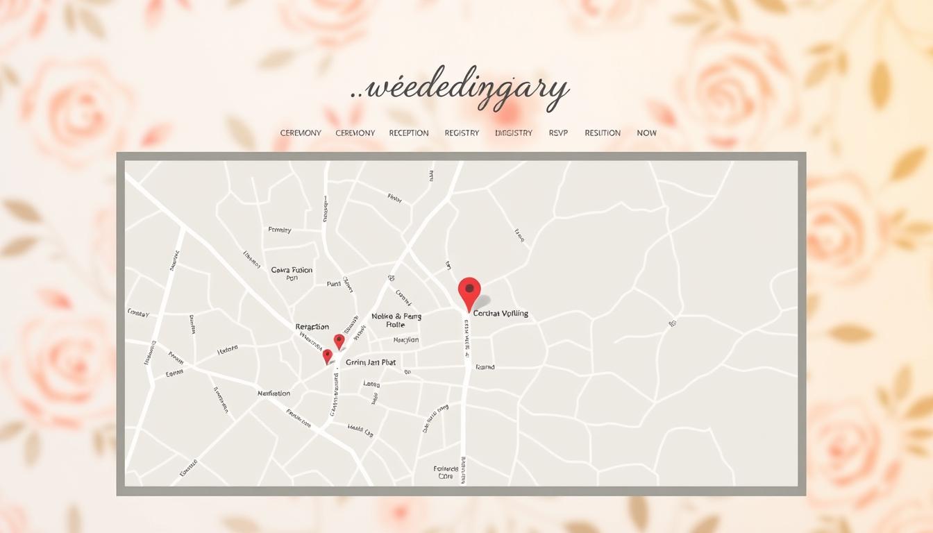 A well-designed wedding website navigation with a clean, minimalist aesthetic. A large central map dominates the foreground, displaying the wedding venue location with detailed directions. The middle ground features a sleek navigation bar with intuitive links to key sections like the ceremony, reception, registry, and RSVP. The background has a soft, blurred backdrop of elegant floral patterns in pastel colors, evoking the romantic atmosphere of the event. Warm, natural lighting gently illuminates the scene, creating a serene and inviting ambiance. The entire composition is captured from a slightly elevated angle, providing an optimal user experience for website visitors.