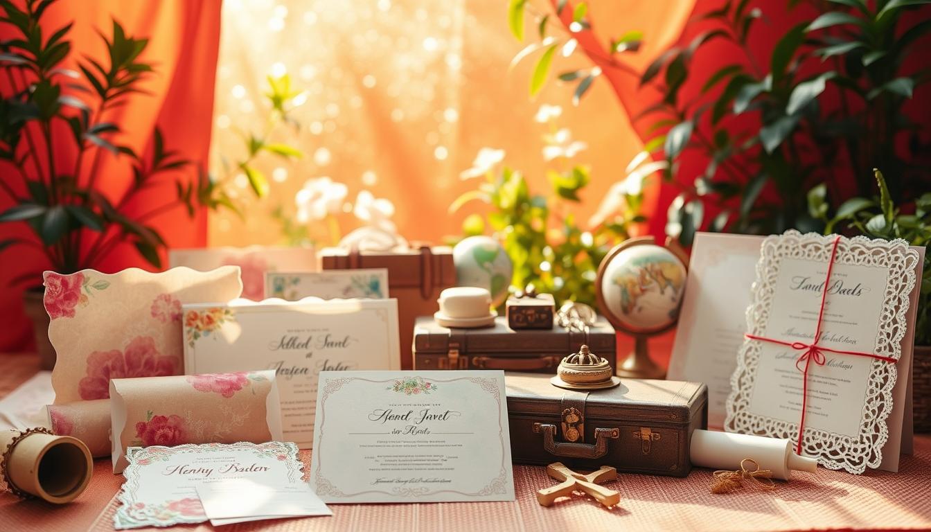 A whimsical gathering of unique invitation ideas set against a warm, vibrant backdrop. In the foreground, an assortment of creatively designed cards, invitations, and scrolls in a variety of textures and materials - from watercolor-washed paper to delicate lace, each one a work of art. In the middle ground, a collection of destination-themed objects like mini suitcases, compasses, and globes, hinting at the exciting event to come. The background features a dreamy, sun-dappled scene with lush greenery, perhaps a garden or a cozy nook, setting the tone for a memorable, one-of-a-kind celebration. The lighting is soft and inviting, capturing the spirit of anticipation and discovery.