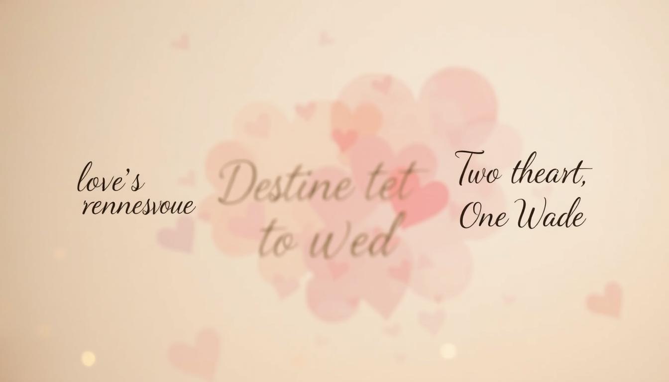 A whimsical tableau of catchy save the date tagline examples, captured with a dreamy, romantic lens. In the foreground, delicate calligraphic phrases float against a soft, pastel backdrop, hinting at the clever wordplay to come - "Love's Rendezvous", "Destined to Wed", "Two Hearts, One Date". The middle ground features an elegant script motif, the letters intertwined like an embrace. In the background, a faint wash of watercolor blooms in shades of pink and lavender, evoking the spirit of a cherished wedding invitation. Warm, diffused lighting casts a gentle glow, creating an atmosphere of anticipation and delight.