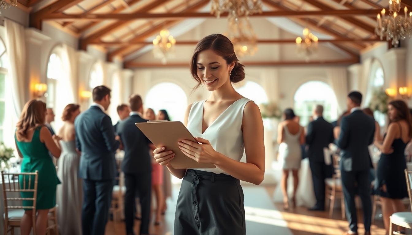 A young, stylish woman stands at the center of a sunlit, airy wedding venue, her hands clasped together as she reviews her clipboard with a thoughtful expression. Surrounding her, elegantly dressed guests mingle and converse, set against a backdrop of delicate floral arrangements and warm, golden lighting. The scene exudes an atmosphere of joyful anticipation, capturing the essence of a holiday weekend wedding planner expertly coordinating the details to ensure a memorable celebration.