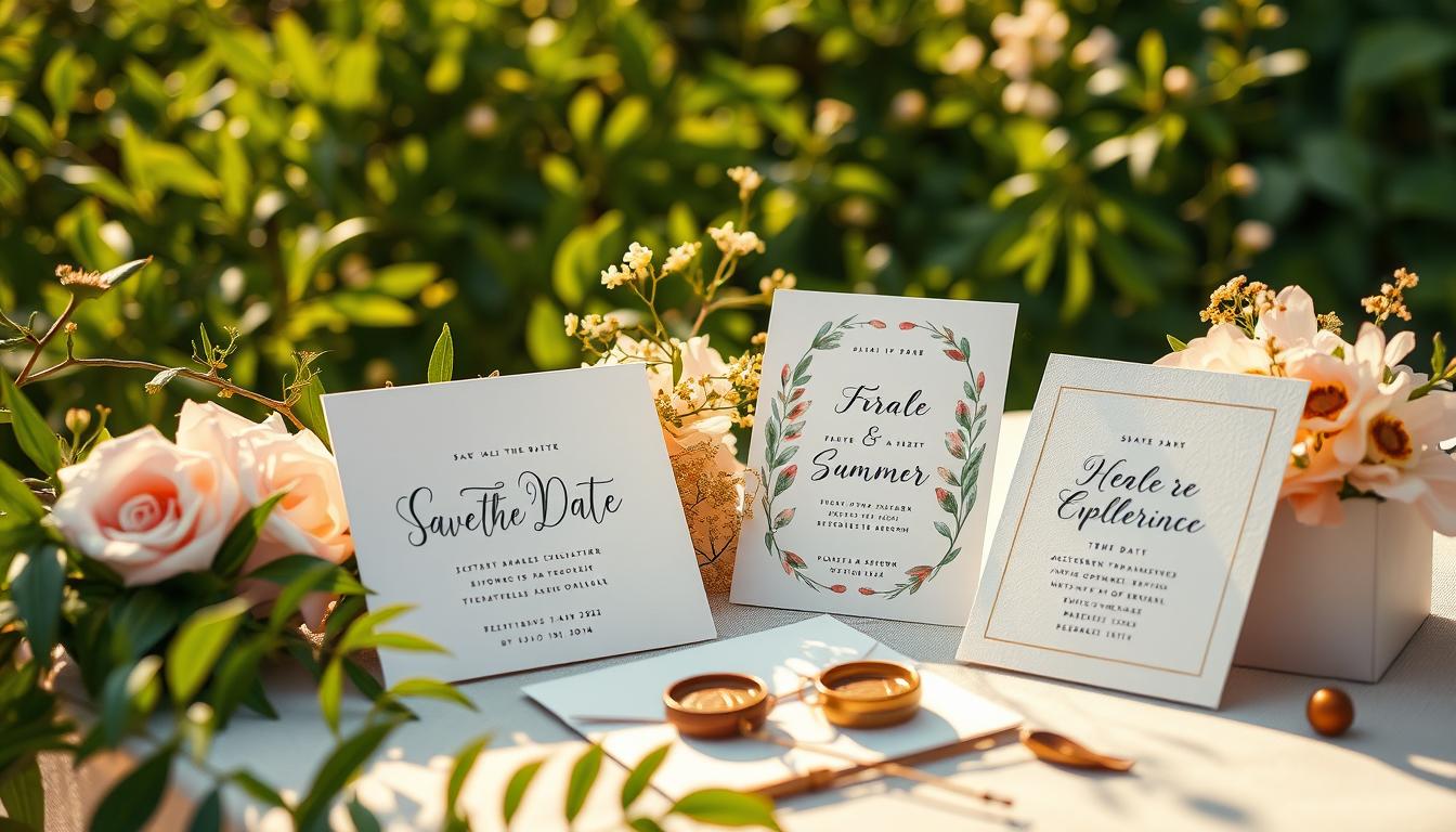 Elegant summer wedding save the date templates on a sun-dappled table, with lush greenery and delicate florals as a backdrop. Soft, warm lighting casts a golden glow, creating an inviting and romantic atmosphere. The templates showcase intricate calligraphic details, watercolor washes, and minimalist, modern designs that capture the essence of a joyful, outdoor celebration. Carefully arranged stationery items, such as envelopes, sealing wax, and decorative accents, complement the templates, hinting at the thoughtful preparation and attention to detail that will be present throughout the entire wedding event.