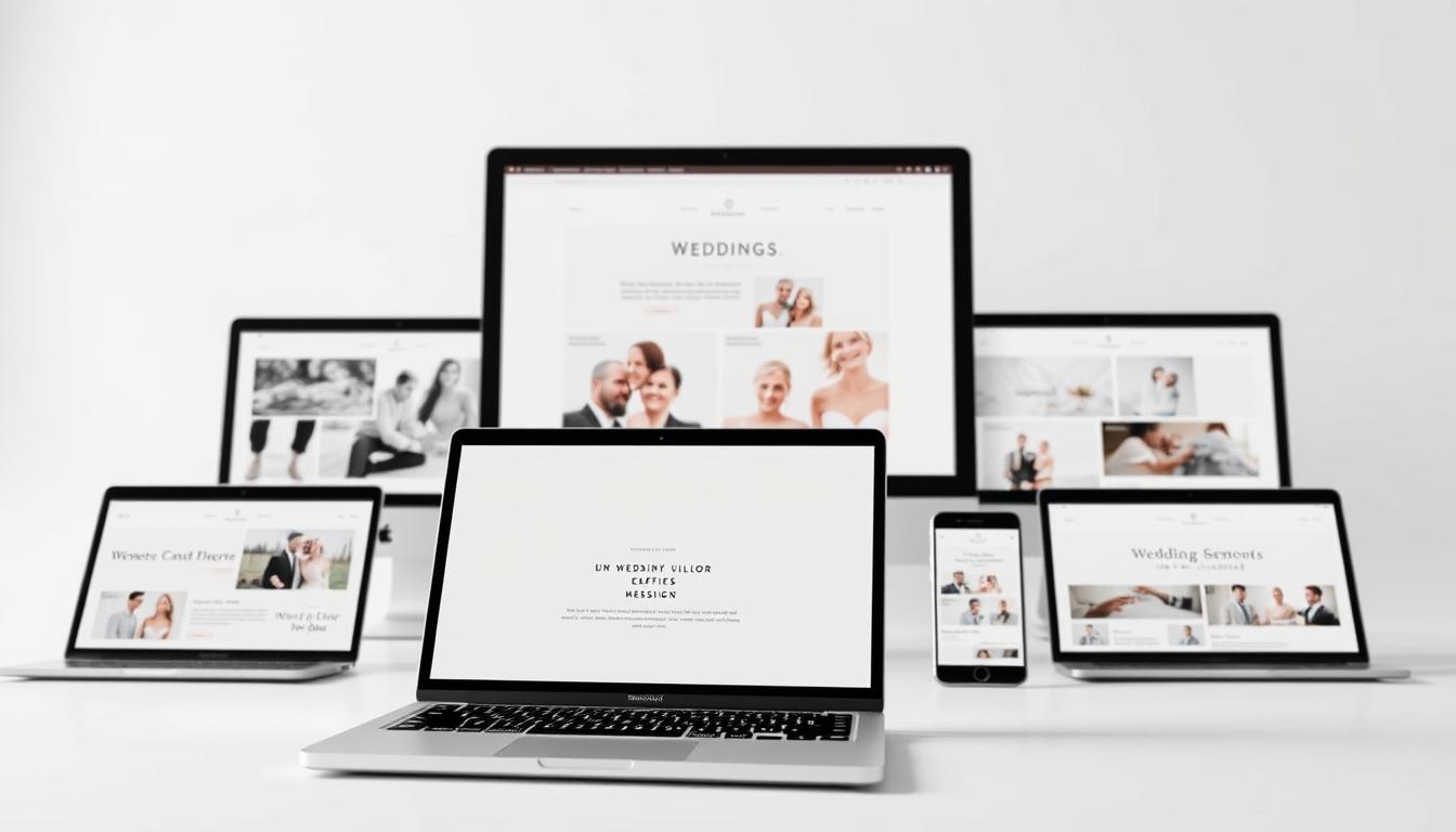 Elegant wedding website samples displayed on modern laptop screens, showcasing various design templates and layouts. The foreground features a crisply rendered laptop, angled to showcase a selection of minimalist and typographic website designs in soft, muted tones. The middle ground includes additional laptop screens and mobile devices, presenting a variety of website preview mockups. The background is a clean, white studio setting, with subtle highlights and shadows to create depth and a professional, high-quality atmosphere. Lighting is soft and diffused, capturing the refined, aspirational essence of wedding website design.