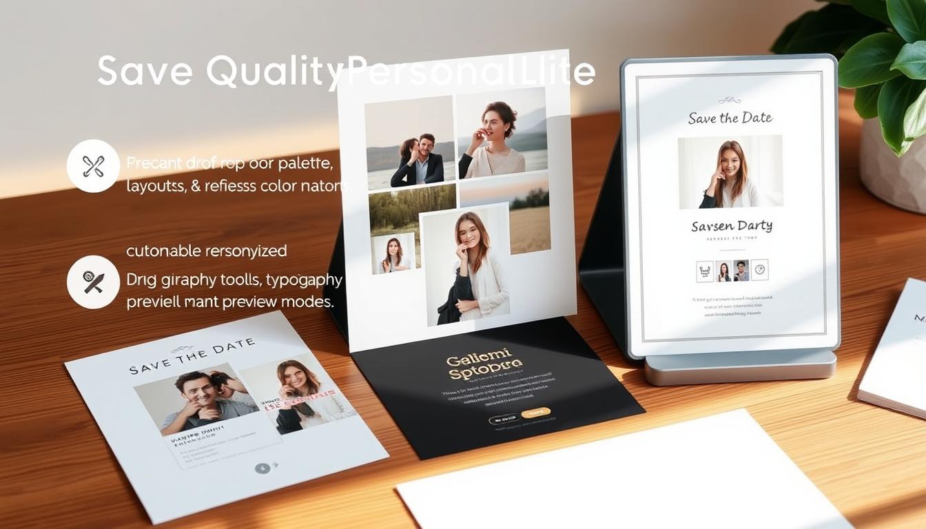 High-quality save the date templates with clean, modern designs and intuitive user interfaces. Depicted on a wooden desk with natural lighting, the templates showcase a variety of customizable layouts, color palettes, and photo placements. The focus is on effortless personalization, showcasing features like drag-and-drop functionality, typography tools, and preview modes. The overall mood is minimalist and elegant, highlighting the templates' ease of use and design versatility. The angle is a slightly elevated, three-quarter view to capture the templates in an appealing, realistic setting.