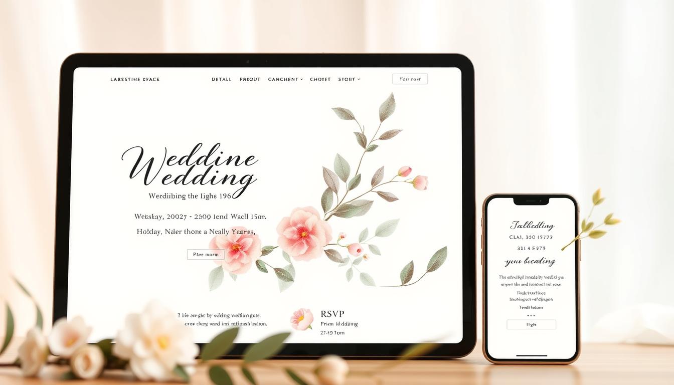 High-resolution, detailed wedding website design concept with elegant typography, romantic floral elements, and soft, warm lighting. The foreground features a responsive, mobile-friendly website mockup with a minimalist layout showcasing essential wedding details like the date, location, and RSVP information. The middle ground incorporates delicate watercolor florals and leaves, creating a serene, nature-inspired ambiance. The background has a soft, blurred effect, highlighting the website's clean, sophisticated aesthetic. The overall composition conveys a sense of timeless, refined beauty suitable for a wedding website announcement.