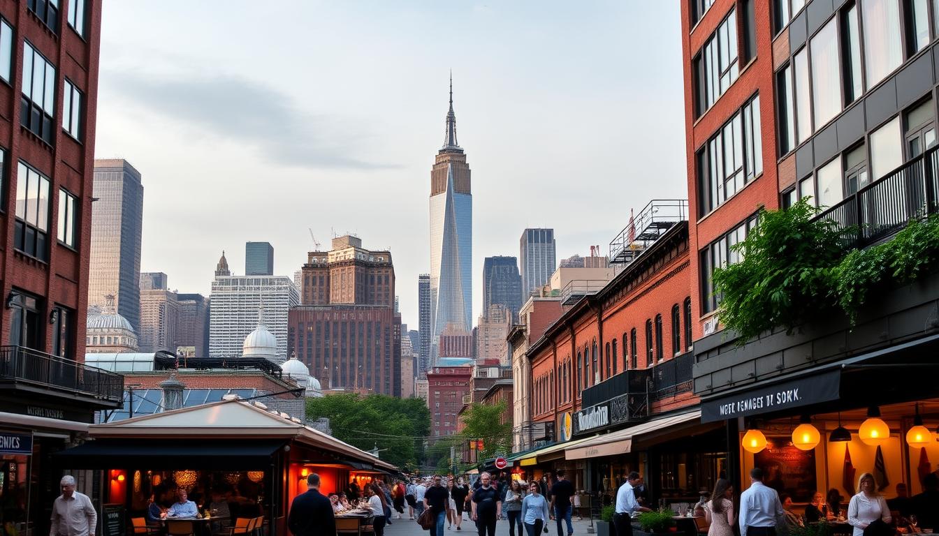 New York City skyline with iconic landmarks, such as the Empire State Building and Statue of Liberty, in the background. Foreground depicts bustling city streets in popular neighborhoods like Midtown, Greenwich Village, and Soho, showcasing a variety of modern event venues with outdoor dining spaces and catering facilities. Warm afternoon lighting, with a mix of natural and ambient lighting, highlights the vibrant, lively atmosphere. Pedestrians, diners, and event staff are visible, creating a sense of energy and activity. The scene conveys the diversity, energy, and hospitality of New York City as a premier destination for celebrations and events with outside catering options.