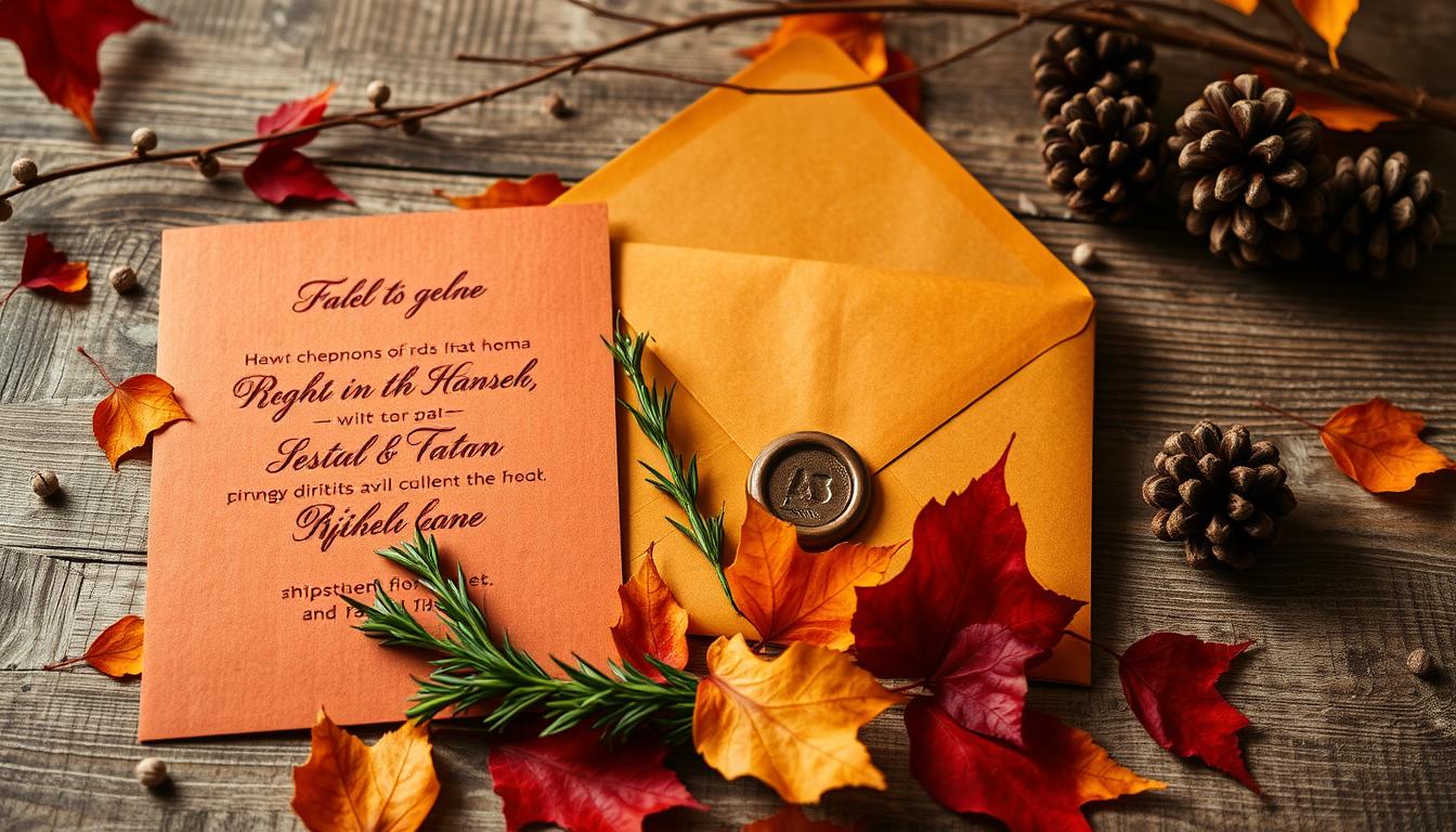 Rustic fall wedding invites, featuring a warm, earthy palette of amber, crimson, and golden hues. A handcrafted design with textured paper, embossed calligraphy, and scattered leaves in the foreground. In the middle ground, a sprig of fragrant rosemary and a wax-sealed envelope against a weathered wooden backdrop. Soft, diffused lighting casts a cozy, autumnal glow, while the composition is framed by a natural vignette of twigs and pinecones. The overall aesthetic evokes the charm of a countryside celebration, perfectly capturing the essence of a "Timing Your Save the Dates" section for a captivating fall wedding.