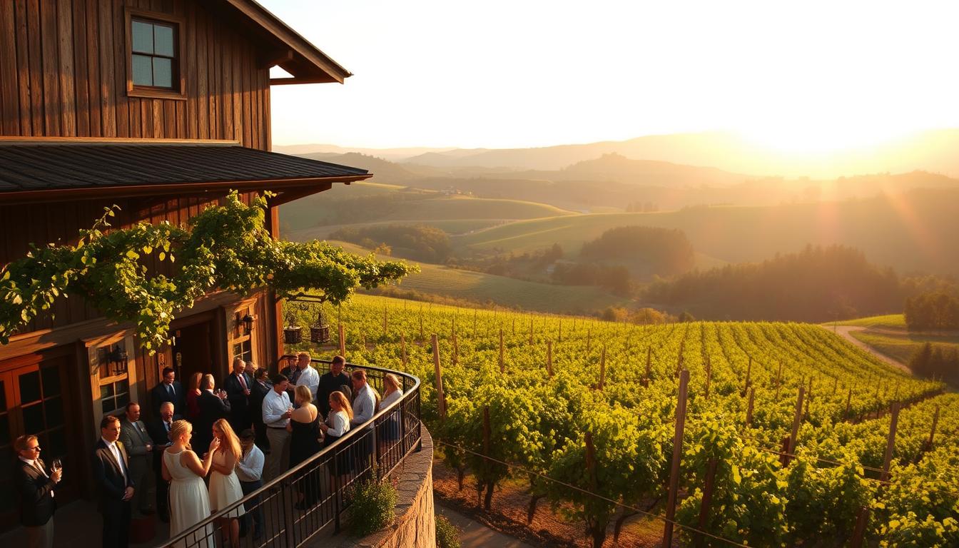 Scenic vineyards with lush grapevines cascading across gently rolling hills, bathed in the warm, golden glow of the setting sun. In the foreground, a picturesque winery with a rustic, weathered facade, its terrace offering panoramic views of the idyllic landscape. Guests mingle, glasses in hand, as the last rays of daylight illuminate the scene, creating a romantic, enchanting atmosphere perfect for a sunset wedding celebration. Soft shadows and long, cinematic shadows add depth and drama, while a shallow depth of field focuses the viewer's attention on the captivating details of this serene, pastoral setting.