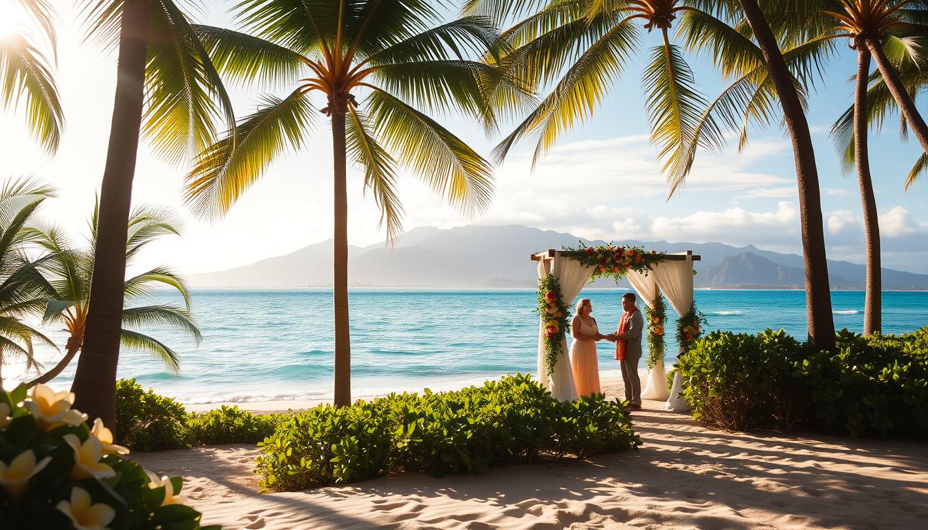 Serene Hawaiian beach wedding scene: A sun-drenched tropical paradise, with lush palm trees swaying in the gentle breeze. In the foreground, a white sandy beach dotted with fragrant plumeria flowers. In the middle ground, a picturesque gazebo draped in vibrant Hawaiian leis and greenery, where a couple exchange vows under a warm golden light. In the background, crystalline turquoise waters lapping against the shore, with majestic volcanic mountains rising in the distance, their peaks softly obscured by wispy clouds. An atmosphere of blissful tranquility and natural beauty, evocative of the enchanting spirit of the Hawaiian islands.