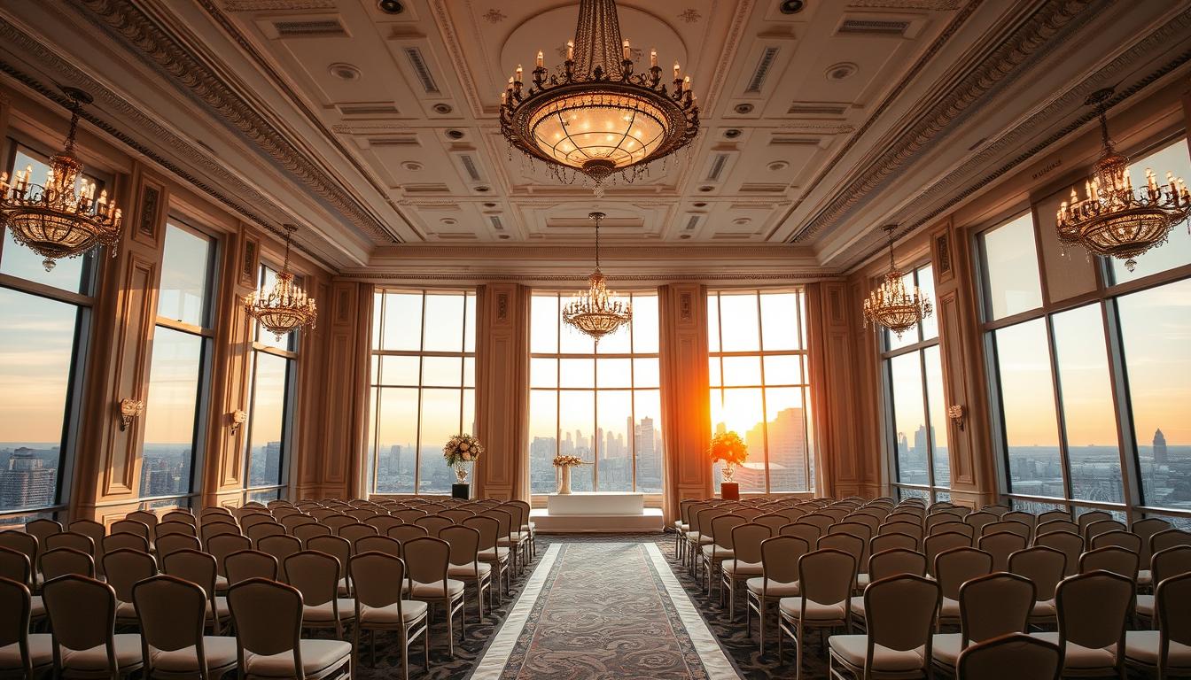 a high-ceilinged grand ballroom in a luxurious 5-star hotel in New York City, with elegant chandeliers, ornate moldings, and large windows overlooking a bustling city skyline at sunset. the room is filled with rows of white chairs facing a raised dais at the far end, ready for a lavish wedding ceremony. the mood is one of refined sophistication and opulence, with a warm, golden glow from the setting sun filtering through the windows.