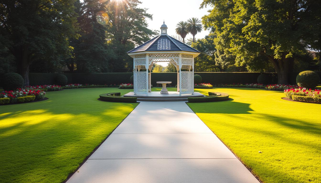 a large, beautifully landscaped garden with a lush, well-manicured lawn, surrounded by vibrant flower beds and neatly trimmed hedges. at the center, a picturesque gazebo stands, its intricate white lattice work providing a stunning backdrop for a wedding ceremony. the path leading to the gazebo is wide and smooth, with gentle slopes and clearly marked accessibility ramps, allowing easy navigation for guests with mobility challenges. the sunlight filters through the trees, casting a warm, golden glow over the entire scene. the atmosphere is serene and inviting, with a sense of tranquility and natural beauty.