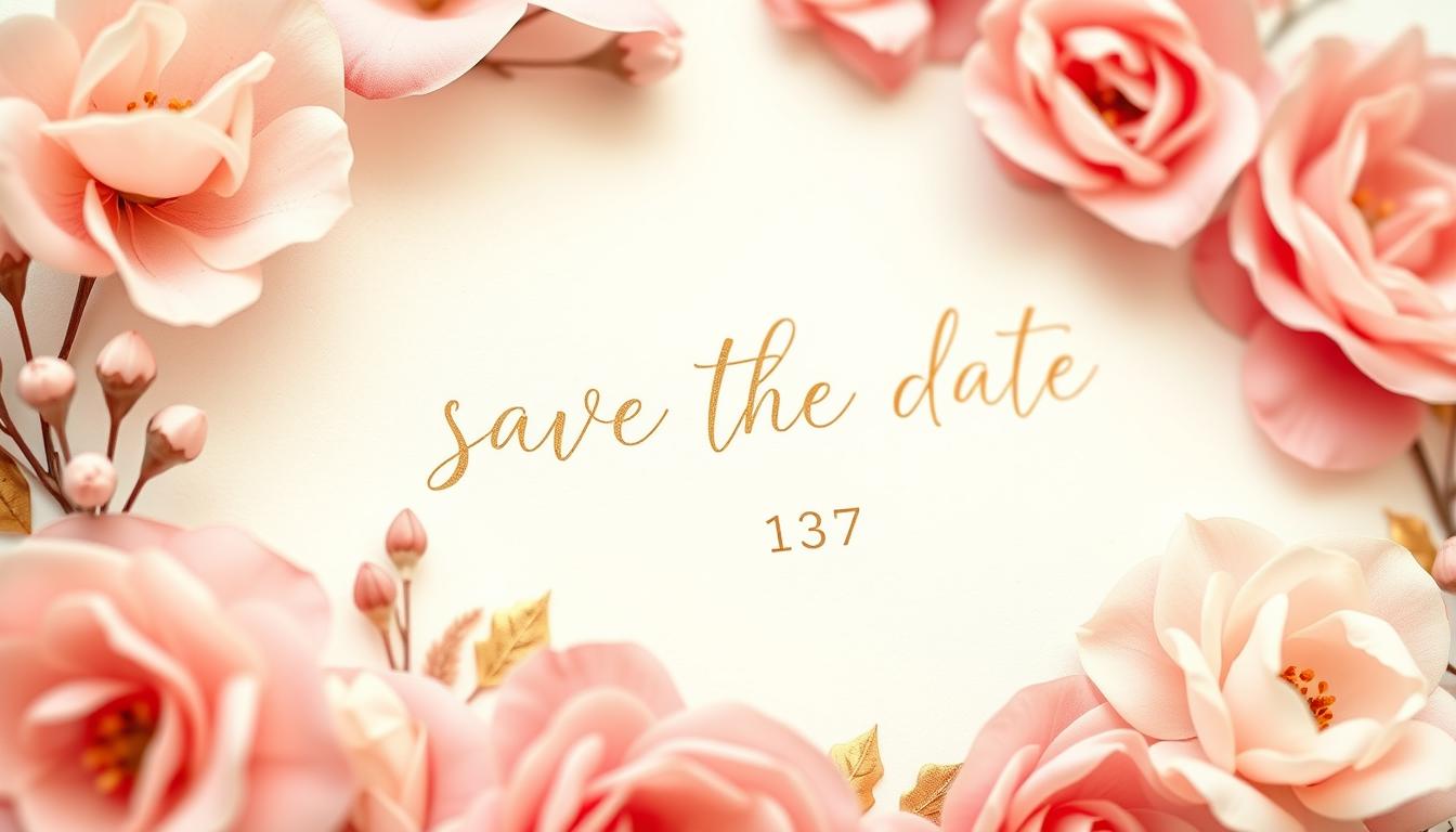 summer wedding save the date templates, elegant cursive lettering on a dreamy soft floral background, romantic blush pink and gold accents, simple elegant layout with negative space, high-key lighting from the left, slight vignette effect, warm tones, clean minimalist style, calligraphy and botanical illustrations, close-up framing of a single save the date card, crisp high-resolution details, visually pleasing and inspirational, captures the essence of a summer wedding invitation