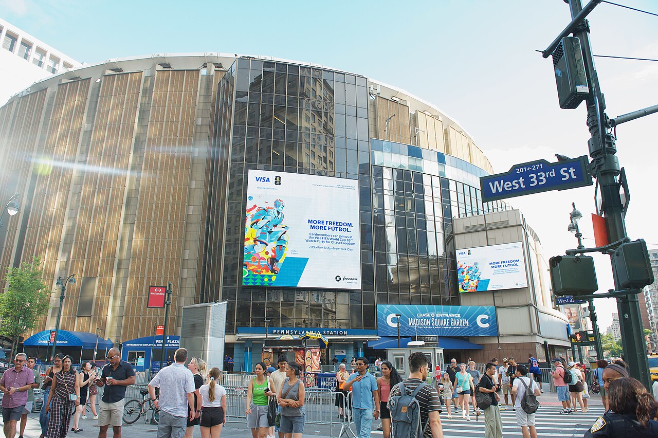 Barricades and crowds outside Madison Square Garden on the day of the Taylor Swift and Travis Kelce wedding, July 3, 2026