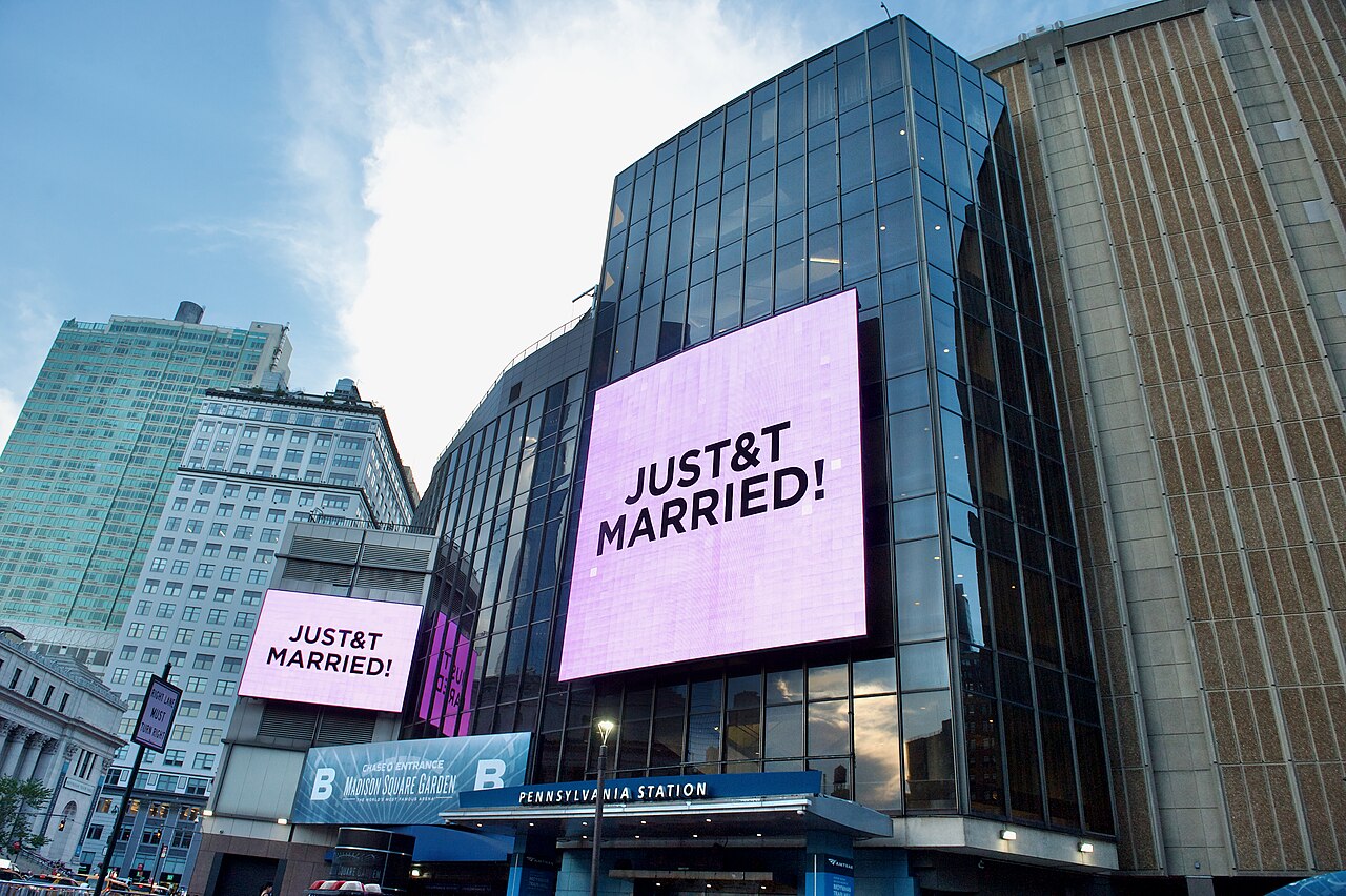 JUST&T MARRIED! digital signage outside Madison Square Garden during the Swift-Kelce wedding, July 3, 2026