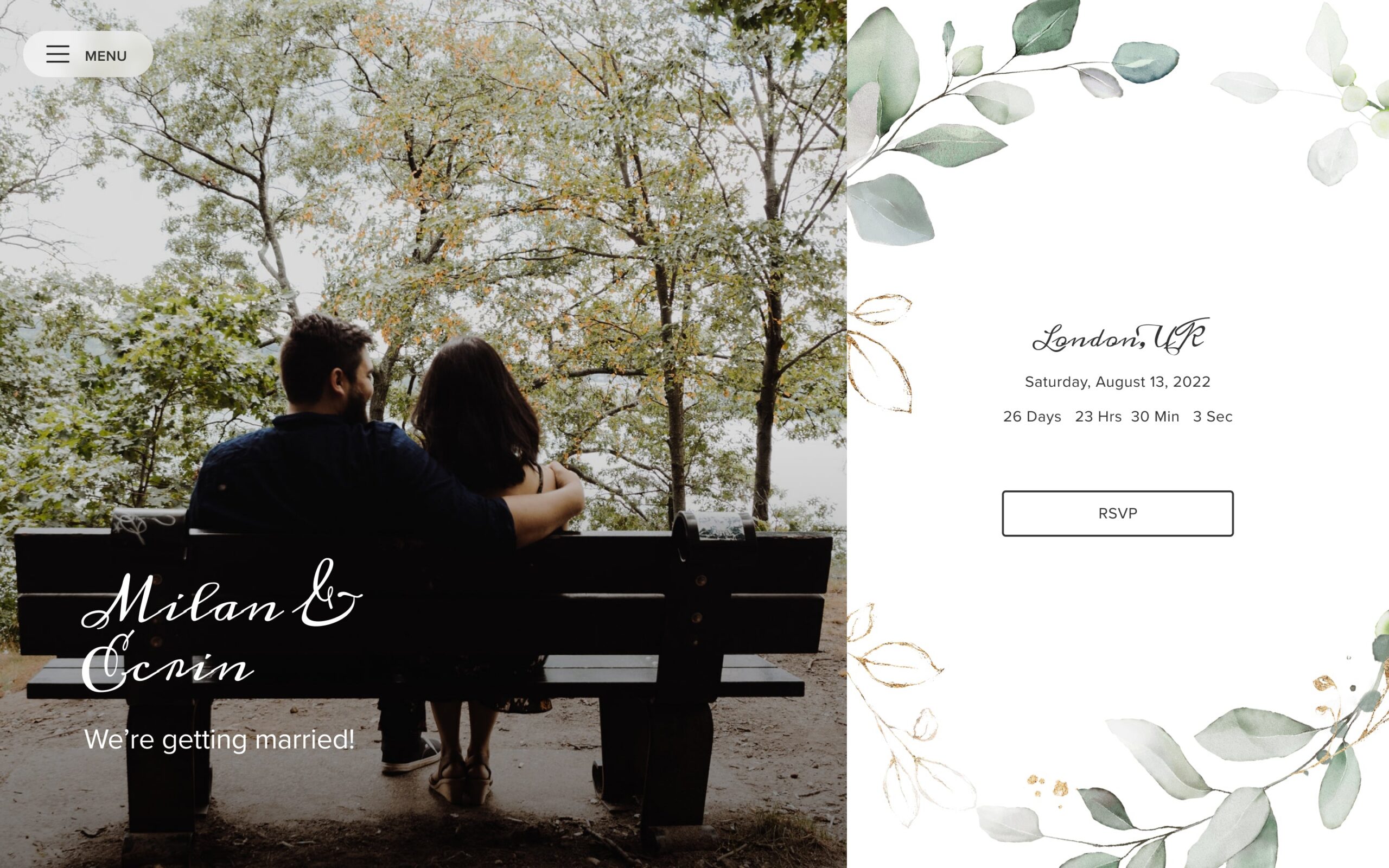 Bohemian Eucalyptus wedding invitation with loose greenery styling