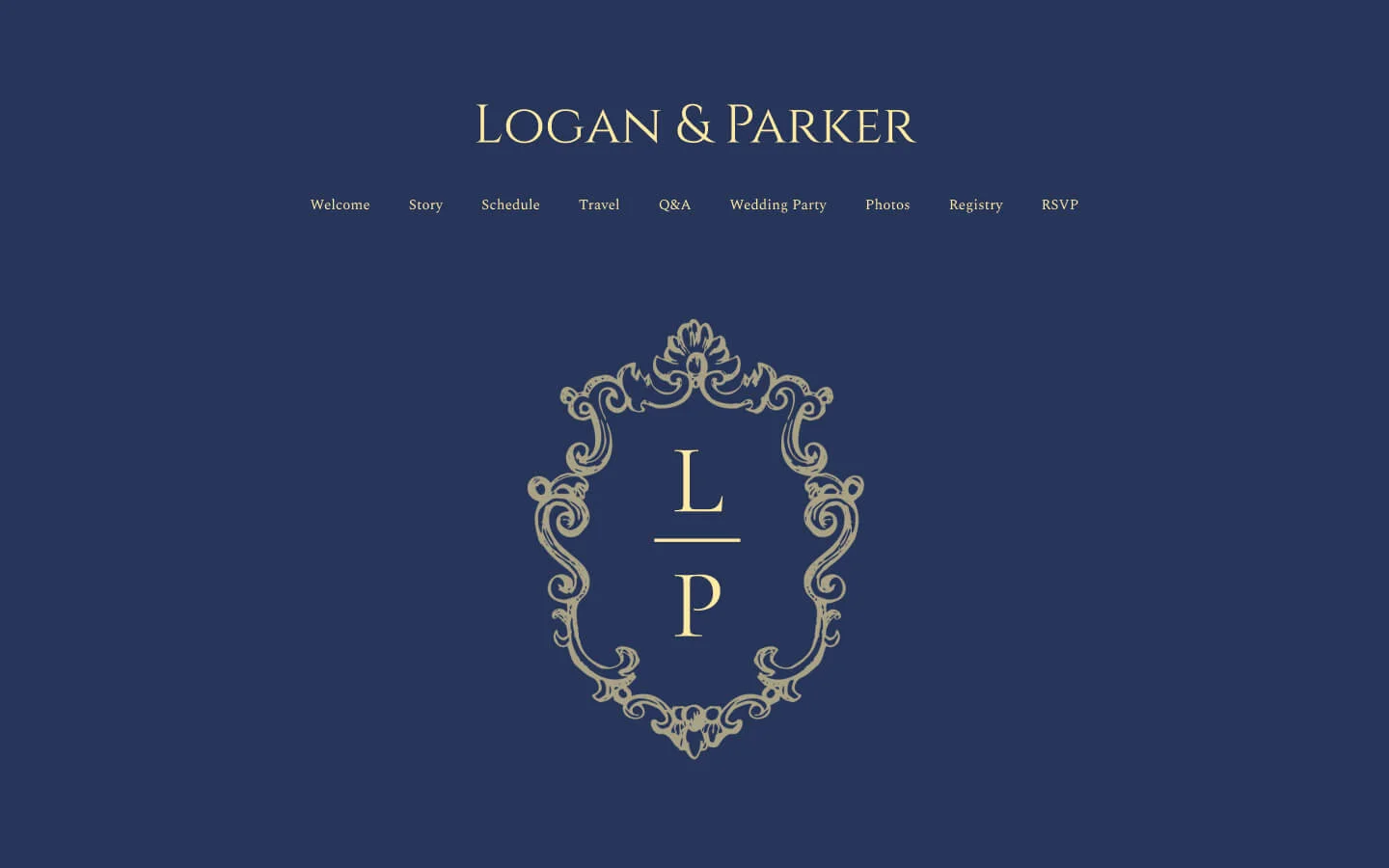 Classical Crest Navy wedding invitation design with a navy monogram crest