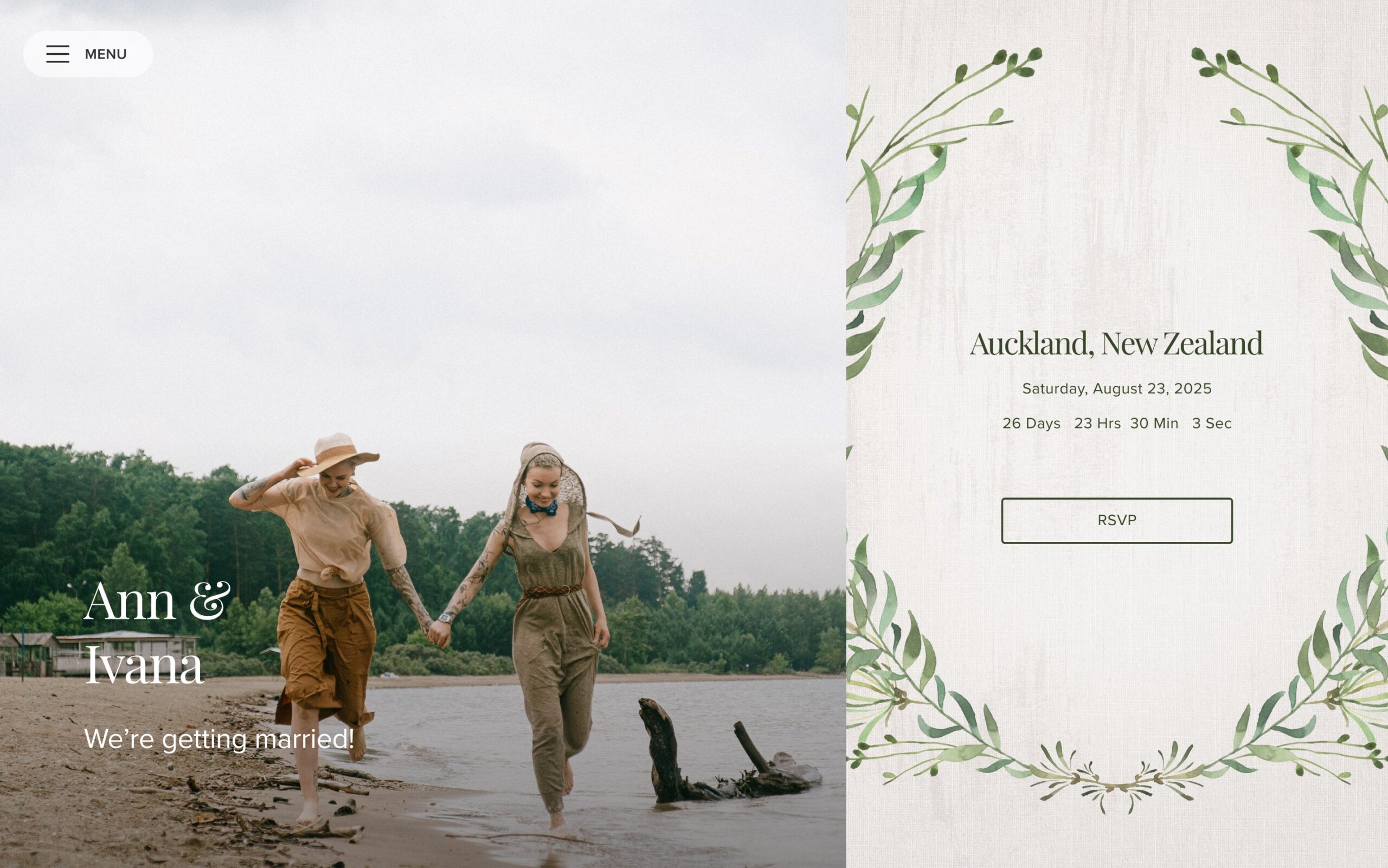 Natural Greenery wedding invitation with simple all-green botanical layout