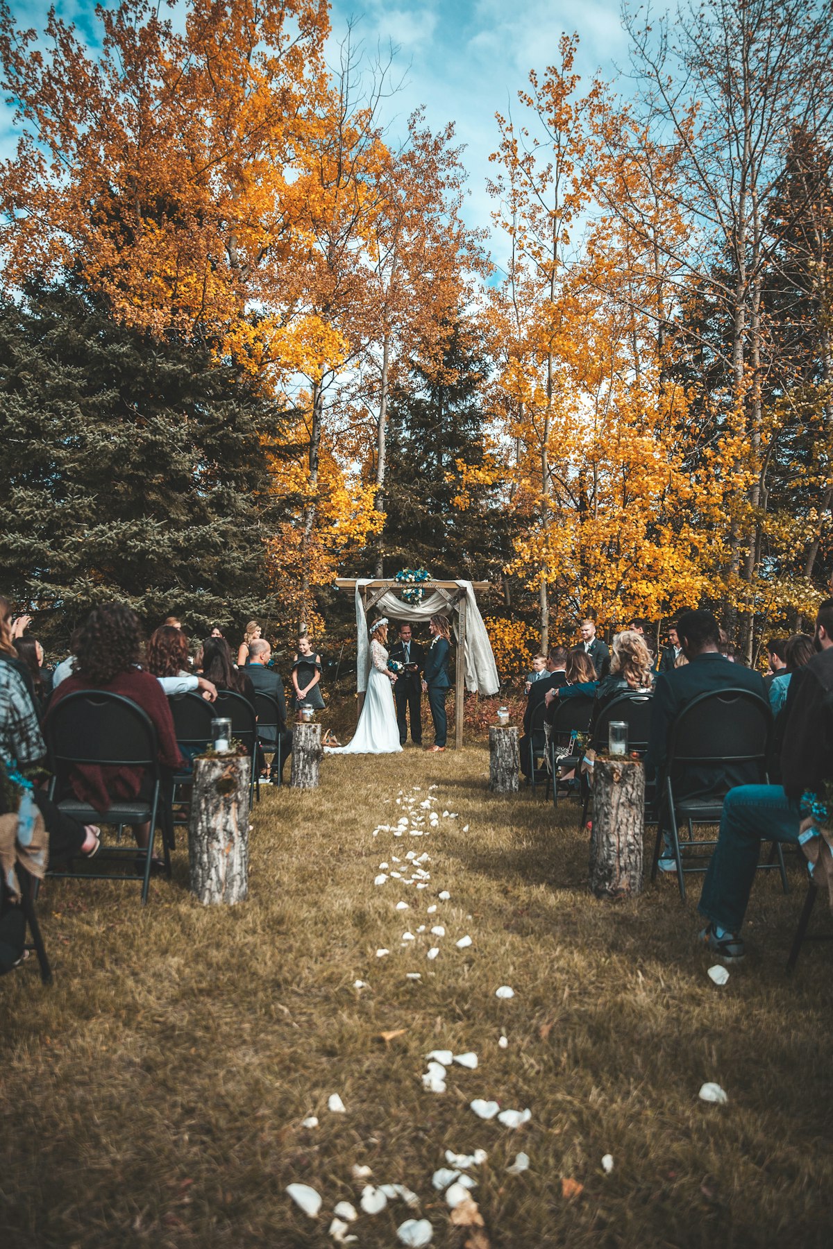 Outdoor fall wedding ceremony with golden foliage trees framing the aisle and petal-lined walkway