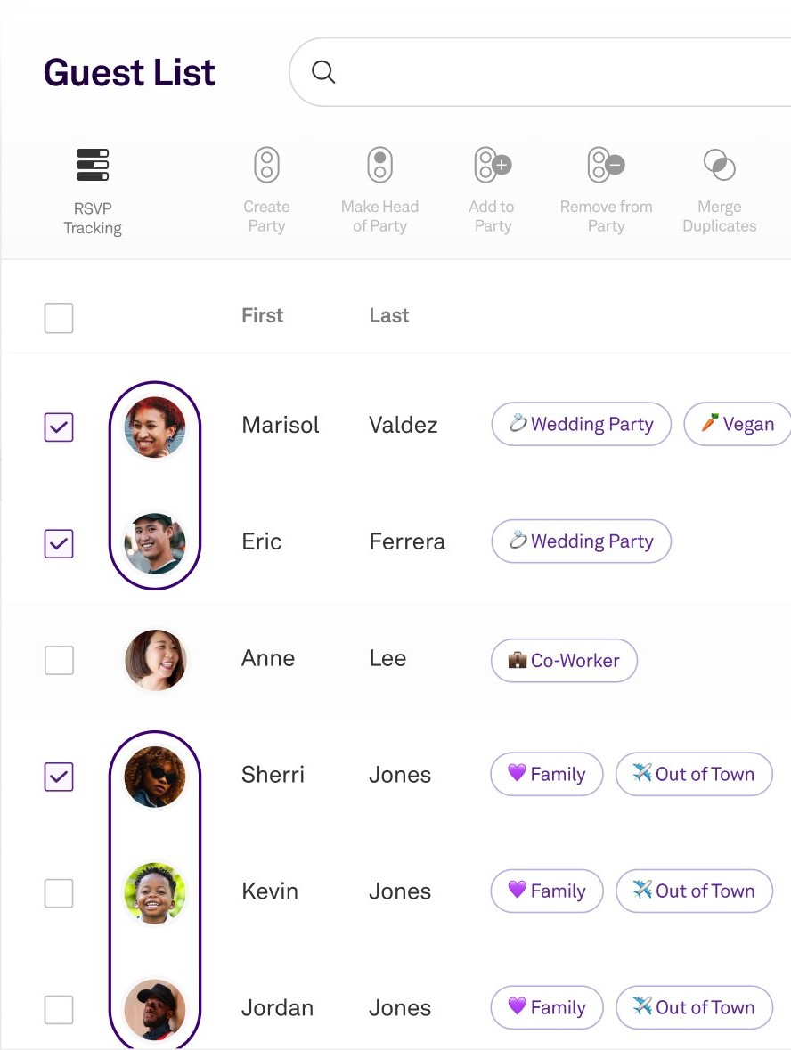 Joy's guest list: Anne Lee tagged Co-Worker, and Sherri, Kevin and Jordan Jones grouped into one party, tagged Family and Out of Town
