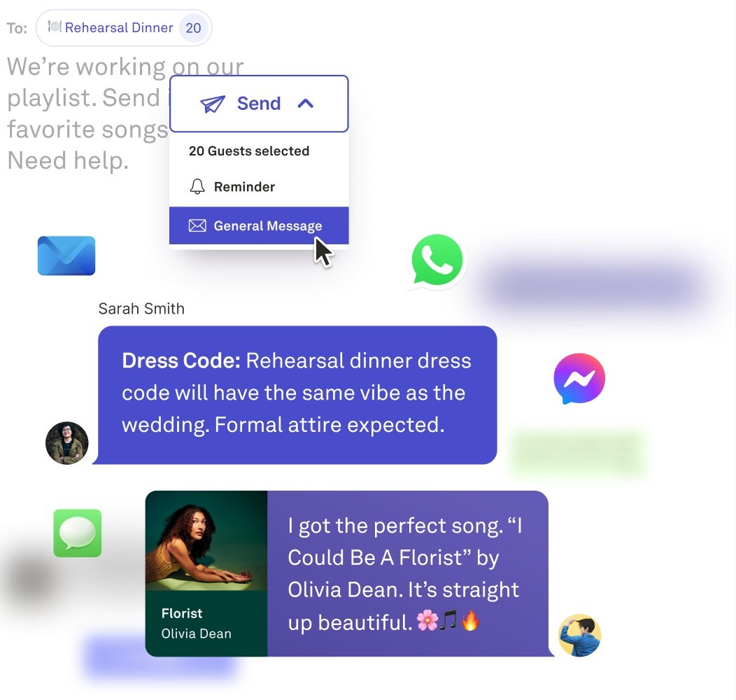 Joy's message composer with 20 guests selected and a Send menu offering a reminder or a general message