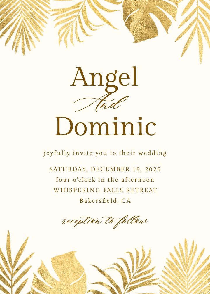 Golden Paradise wedding invitation with tropical botanicals and metallic gold detailing