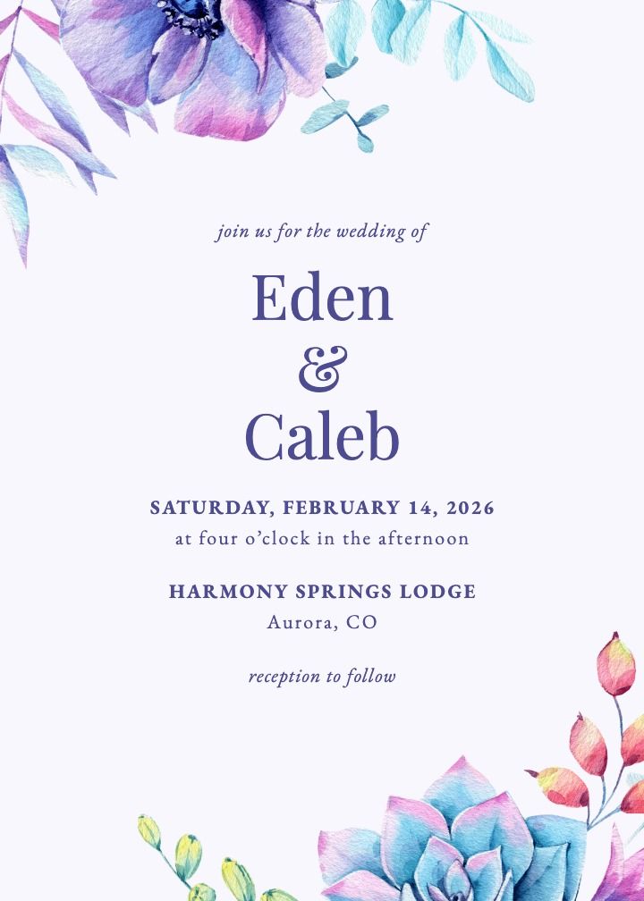 Succulent Sunset wedding invitation with watercolor succulents in blue, purple, and pink