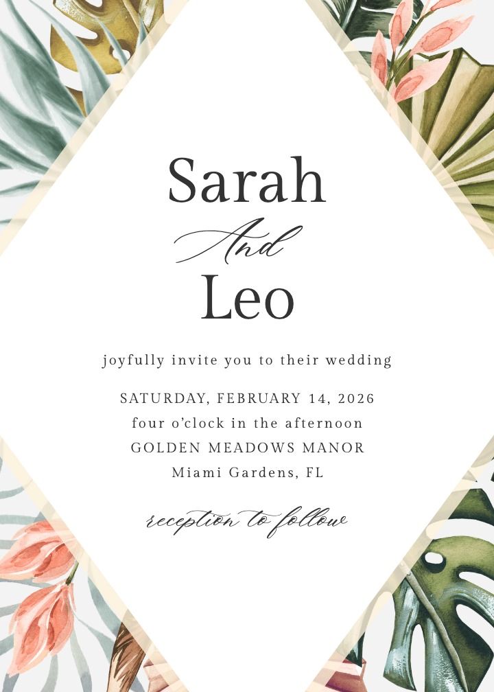 Island Breeze wedding invitation with breezy tropical greens and pink accents