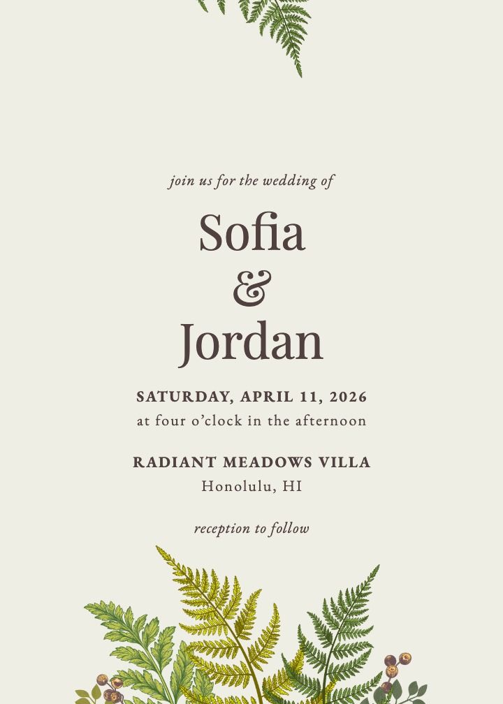 Fern Forest wedding invitation with layered fern fronds in deep green