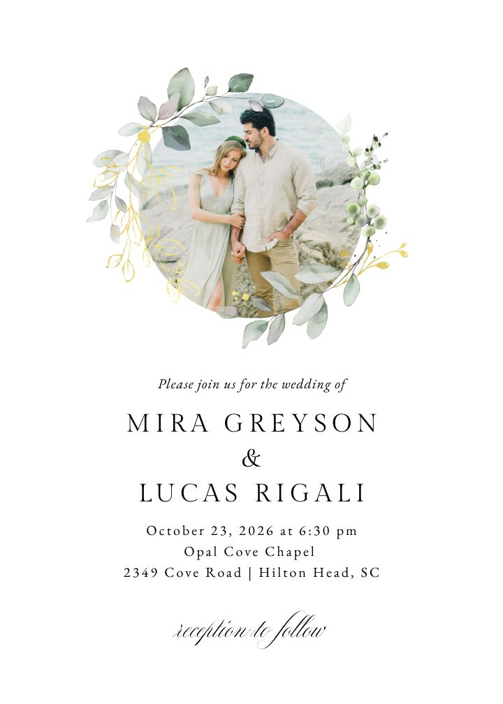 Bohemian Eucalyptus Photo Foil wedding invitation with eucalyptus greenery and foil accents