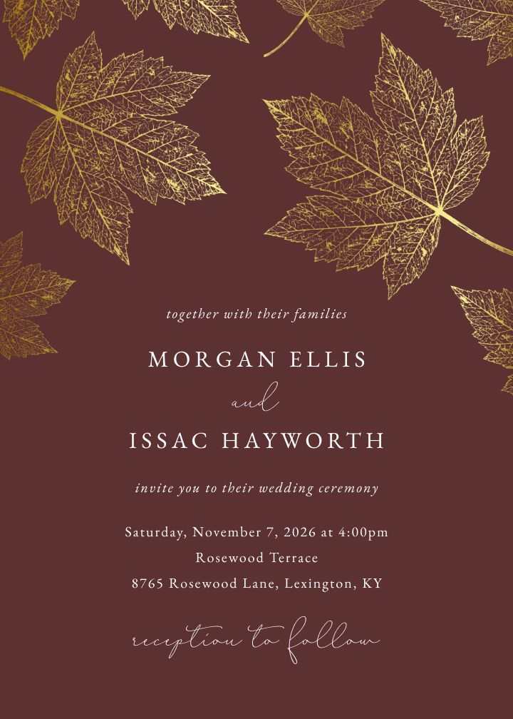 Gilded Maple Foil wedding invitation with gold maple leaves on a deep burgundy background