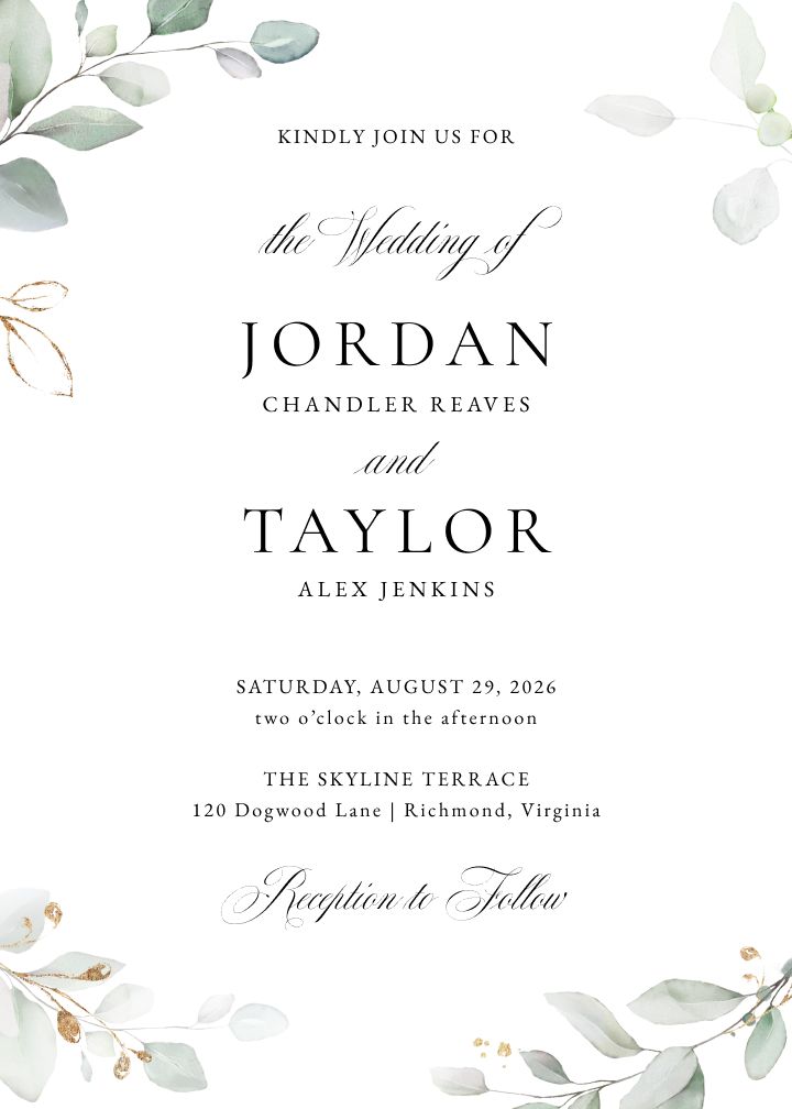 Bohemian Eucalyptus wedding invitation with eucalyptus greenery and gold detailing